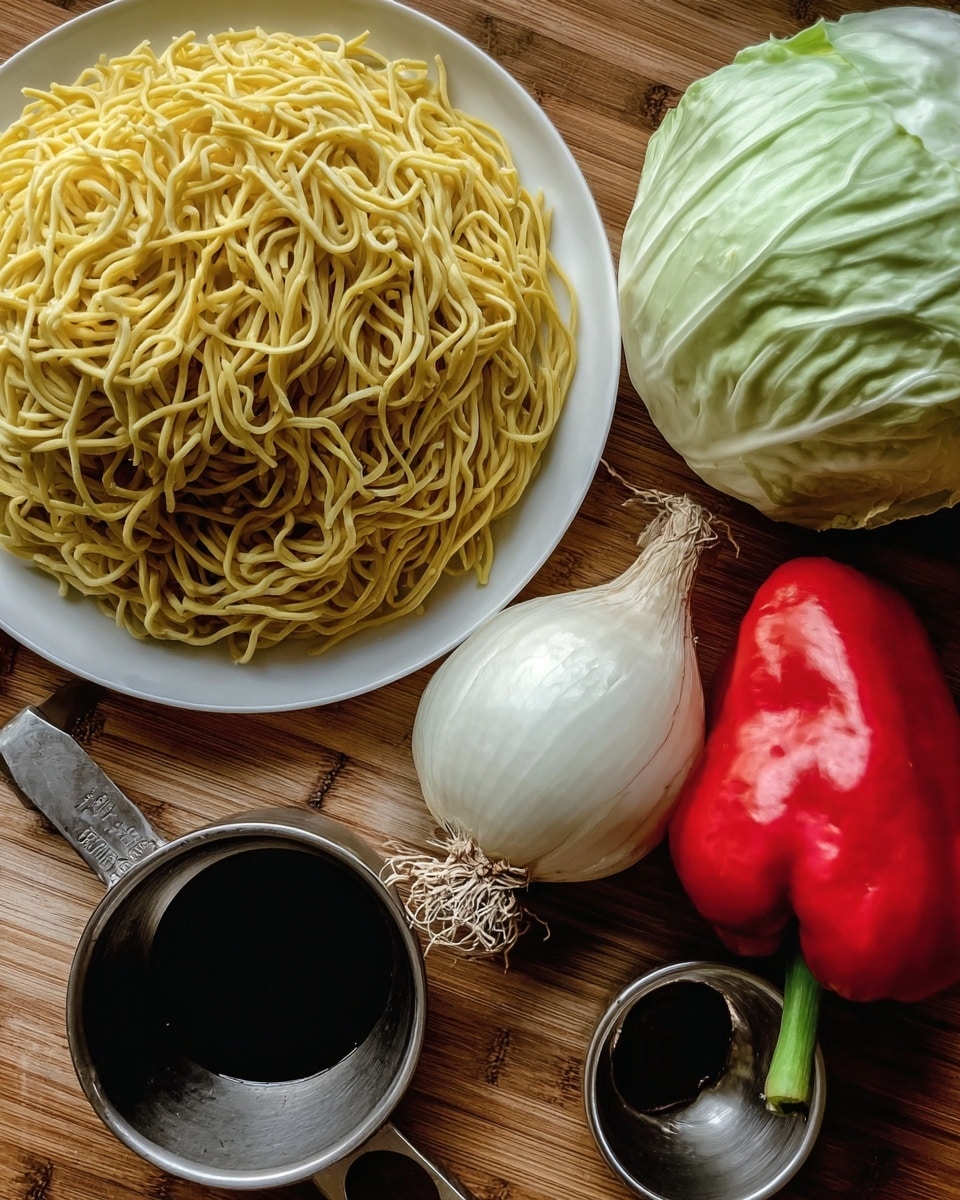 The image shows uncooked yellow noodles piled loosely on a white plate in the top left corner. To the right, a pale green cabbage head sits next to a whole white onion with root details visible. Near the bottom right, a bright red bell pepper with a fresh green stem lies beside the onion. In the bottom left corner, there is a metal measuring cup and a small empty metal bowl. Next to them, a small round dish holds a dark liquid sauce. The items are all placed on a wooden surface replaced by a white marbled texture photo taken with an iphone --ar 4:5 --v 7