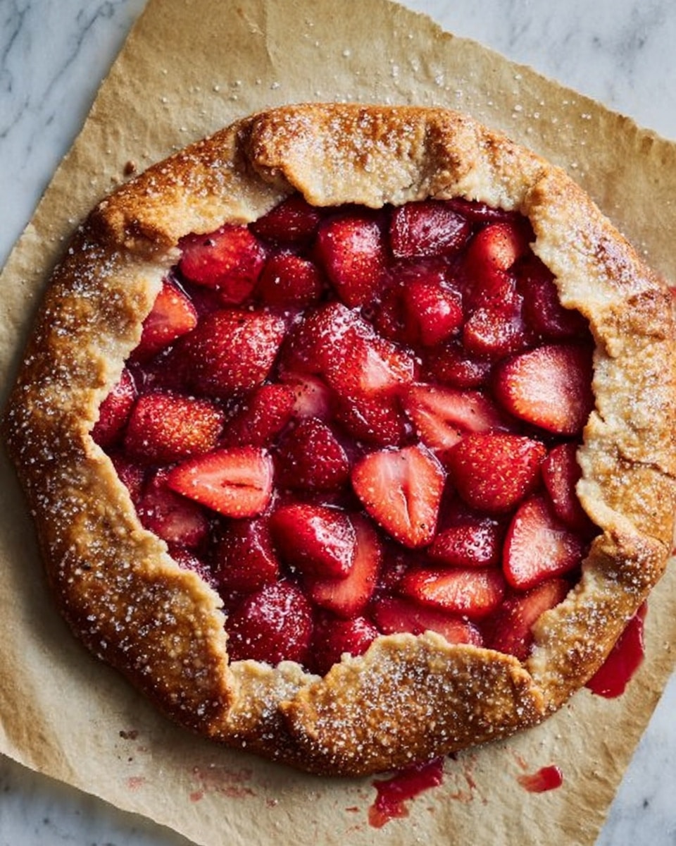 A round strawberry galette with a thick, golden brown crust folded over the edges in an uneven, rustic style. The crust is sprinkled with coarse sugar, giving it a sparkling texture. Inside, there are many bright red, juicy strawberry slices packed tightly, with some strawberry juice slightly leaking out onto the light brown paper below. The dessert sits on a white marbled surface. photo taken with an iphone --ar 4:5 --v 7