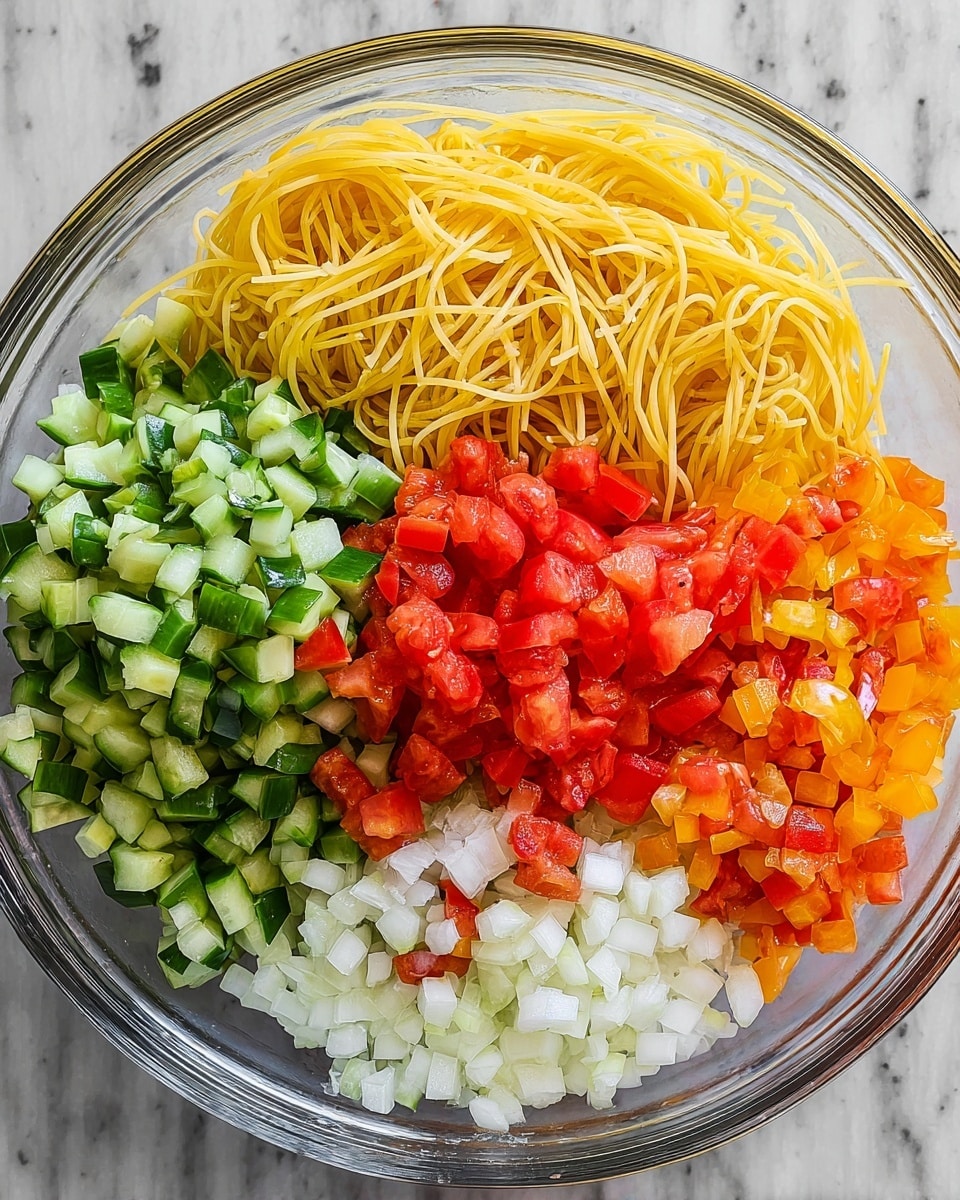 A clear glass bowl filled with four distinct layers of ingredients placed side by side: yellow spaghetti noodles on the top left, bright green chopped cucumbers on the top right, red diced tomatoes on the bottom left, and finely chopped white onions mixed with small orange bell pepper pieces at the bottom right, all set on a white marbled surface photo taken with an iphone --ar 4:5 --v 7
