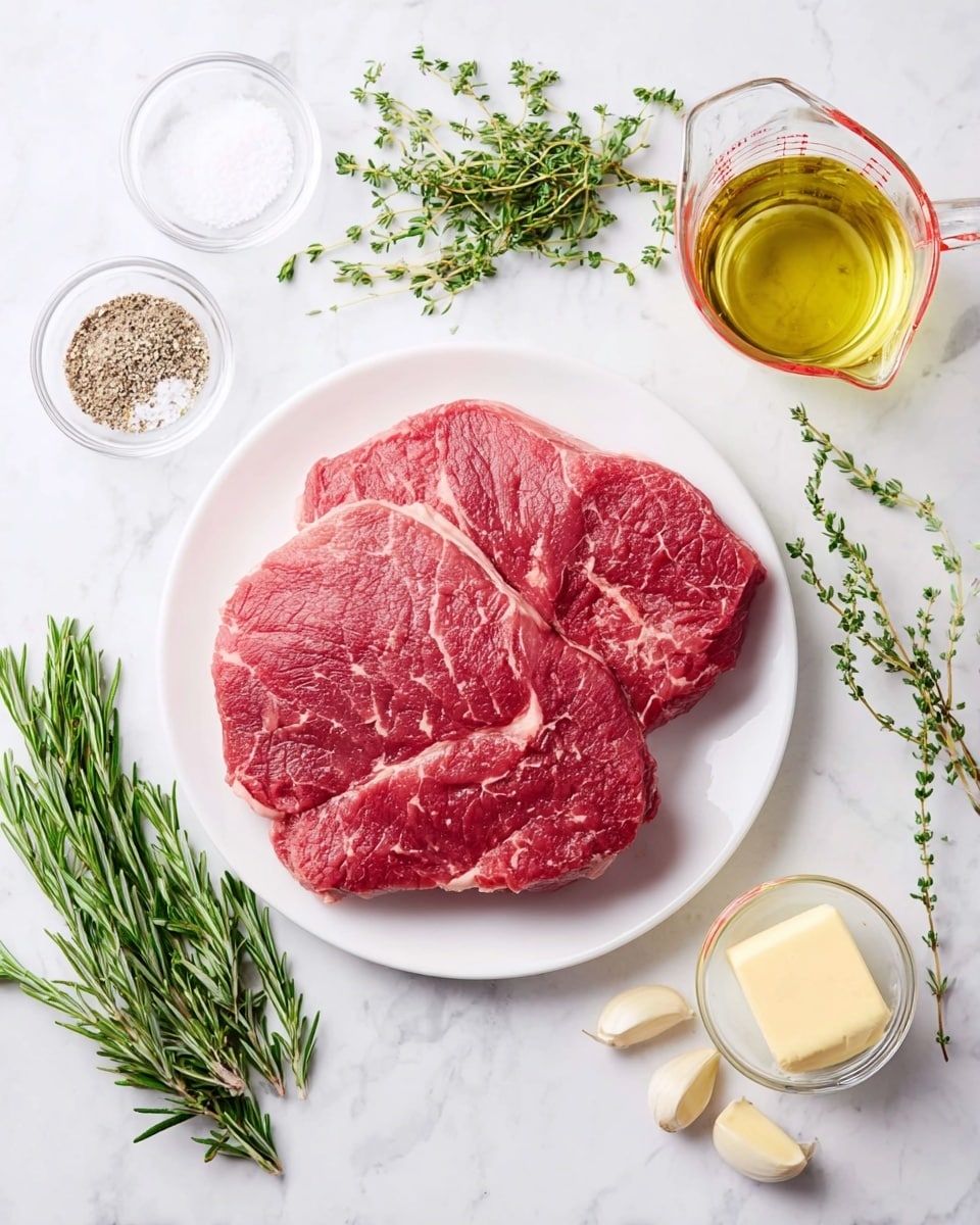 A single white plate sits on a white marbled surface with two large raw red beef pieces placed on it, showing some marbled fat and texture details. To the left of the plate, there are small glass bowls with salt and black pepper, along with fresh green rosemary and thyme sprigs arranged diagonally. On the right side, there is a clear glass measuring cup filled with a pale yellow liquid, likely oil, and a small glass bowl holding a yellow butter pat. Near the butter, three peeled garlic cloves rest on the white marbled surface. The entire composition is clean and bright, with a natural and fresh look. photo taken with an iphone --ar 4:5 --v 7