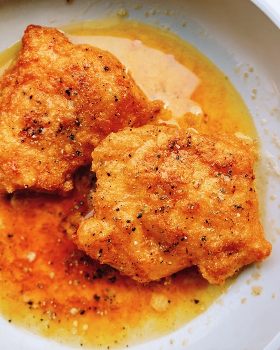 The image shows two pieces of golden, crispy fried food in a white pan with some orange-colored oil or sauce around them. The fried pieces have a rough and crunchy texture with some black pepper sprinkled on top. The surface underneath is a white marbled texture. Photo taken with an iphone --ar 4:5 --v 7