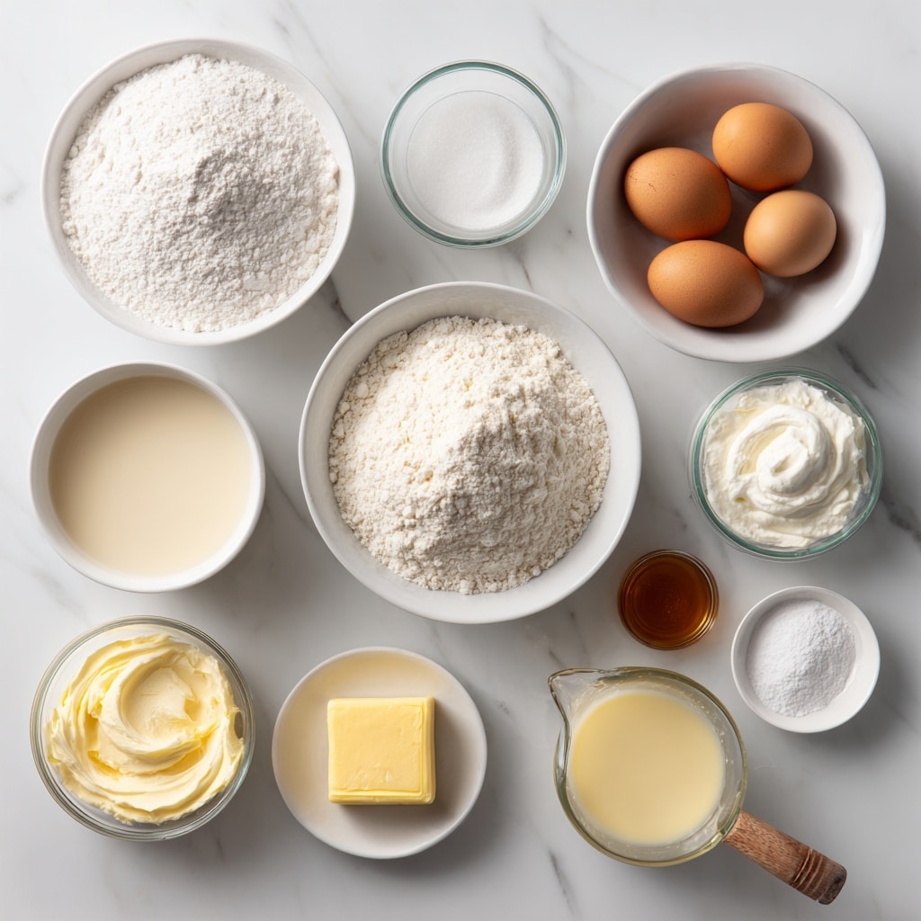 The image shows various ingredients for tres leches cake placed on a white marbled surface. There are eleven containers arranged in a loose circle: a white bowl of baking powder with fine white powder inside on the top left; next to it, a white bowl with three brown eggs; below, a white bowl filled with light beige evaporated milk; a small white dish with salt; a clear glass bowl of white milk; a larger white bowl filled with all-purpose flour piled high in the center; a measuring cup filled with white sugar with a wooden handle on the right; a white bowl of creamy yellow condensed milk; a clear glass bowl with white heavy cream; a small white bowl of white powdered sugar; a small white dish with a square of yellow butter; and a tiny white bowl with amber vanilla extract. The items are evenly spaced, showing a clean and organized setup. Photo taken with an iphone --ar 4:5 --v 7