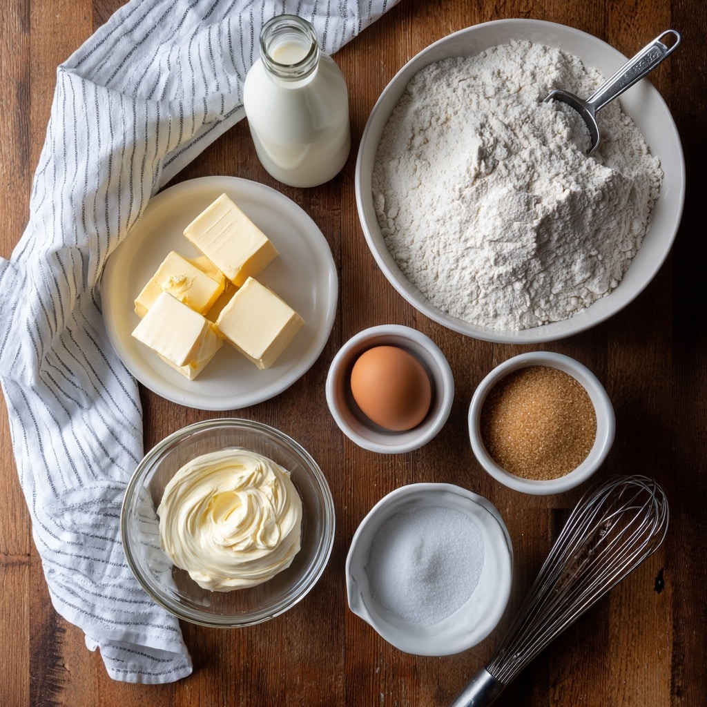 This image shows several baking ingredients arranged on a wooden surface with a white striped cloth on the left side. A large white bowl filled with all purpose flour and a metal measuring spoon inside takes a top right position. Above it is a white glass bottle of buttermilk. Below and left of the flour bowl is a bottle of vanilla extract. To the right of the vanilla bottle is a small white plate holding three blocks of unsalted butter. Next to the butter is a small bowl with a brown egg. Below the egg is a clear glass bowl containing sourdough discard, creamy and slightly bubbly on top. Below the butter is a small bowl filled with light brown cane sugar. At the bottom right of the image are two nested small white bowls, the top one holding a mix of white baking powder and baking soda. A metal whisk is partly visible at the bottom right corner. photo taken with an iphone --ar 4:5 --v 7