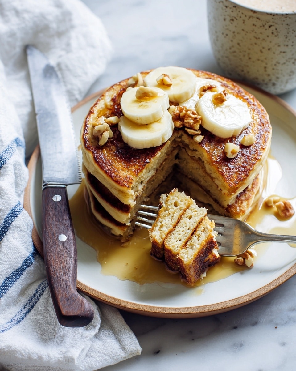 A stack of three thick, golden-brown pancakes sits on a white plate with a slight brown rim, placed on a white marbled surface. The pancakes have a slightly crispy texture on top and soft, airy inside, visible from a cut piece held on a silver fork in the foreground. On top of the stack are three round banana slices with pale yellow color and smooth texture, scattered with small pieces of chopped nuts. A silver knife with a dark wooden handle rests on the plate beside the pancakes, with a light drizzle of syrup pooled around the stack. A speckled ceramic mug, filled with a hot drink topped with foam, is visible near the upper right corner. A white napkin with blue stripes lies next to the plate. photo taken with an iphone --ar 4:5 --v 7