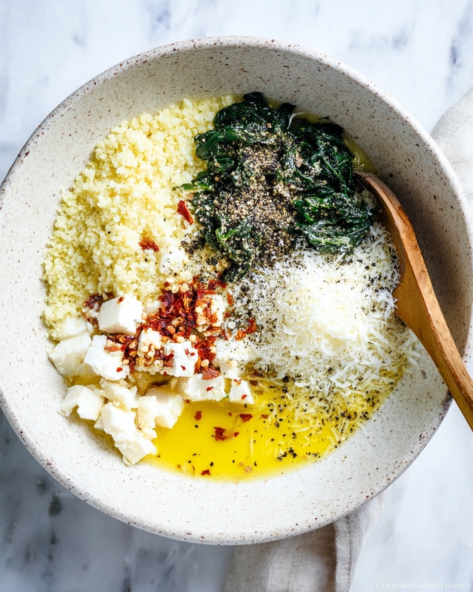 In a white speckled bowl on a white marbled surface, various ingredients sit separately without mixing. On the top left, there is a layer of fine, cooked cauliflower rice that is pale yellow. Next to it on the top right, a dark green layer of cooked spinach is sprinkled lightly with black pepper. Below this, occupying the bottom right, is a mound of finely grated white cheese. On the bottom left are chunks of soft white cheese with red chili flakes on top. In the center bottom, there is a pool of golden yellow melted butter, with specks of black pepper scattered around. A woman's hand is not present but there is a wooden spoon handle on the right side of the image. Photo taken with an iphone --ar 4:5 --v 7