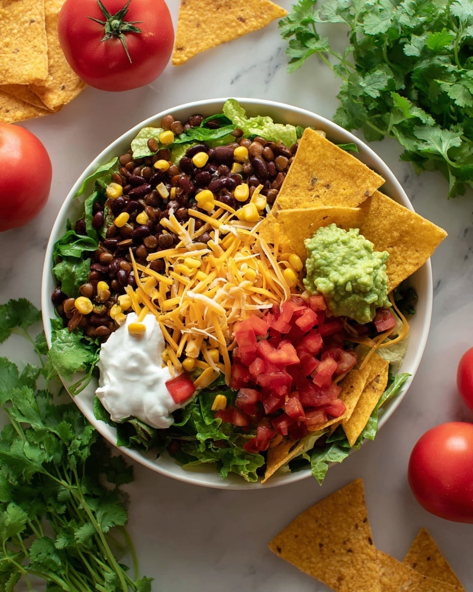 A white bowl is filled with layers starting at the base with dark green shredded lettuce. On top, there is a mix of dark beans and small brown lentils scattered throughout. Bright yellow corn kernels are spread evenly across the center. Fresh diced red tomatoes are placed around the bowl, with a few tortilla chips sticking out around the edges. Shredded pale orange cheddar cheese is sprinkled on top, alongside fresh green cilantro leaves. A dollop of white sour cream sits on one side, and a scoop of light green guacamole rests on a tortilla chip near the edge. The bowl is placed on a white marbled surface with whole red tomatoes and bunches of cilantro nearby. Photo taken with an iphone --ar 4:5 --v 7