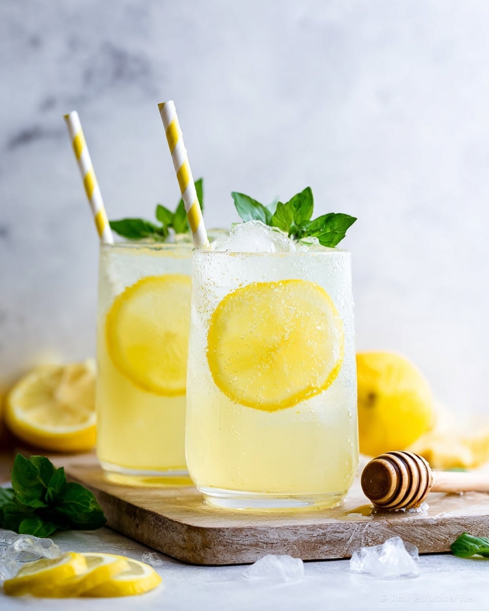 Two clear glasses filled with a light yellow lemonade drink, each showing a lemon slice pressed against the glass near the bottom. The lemonade has ice cubes on top with some bubbles visible in the liquid. Both glasses have a yellow and white striped or polka dot paper straw sticking out, and one glass is garnished with a small bunch of fresh green mint leaves near the top. The glasses are placed on a wooden board with a honey dipper and some lemon wedges and mint leaves scattered around. The background is a soft white marbled texture. photo taken with an iphone --ar 4:5 --v 7