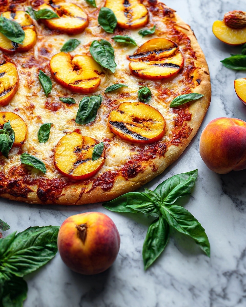 A round pizza with a golden-brown crust on a white marbled surface, topped with a red tomato sauce layer, melted white cheese, grilled yellow peach slices with dark grill marks, and large green fresh basil leaves scattered evenly on top. Surrounding the pizza are whole ripe peaches, halved peaches showing yellow and red flesh, and loose green basil leaves spread around. Photo taken with an iphone --ar 4:5 --v 7