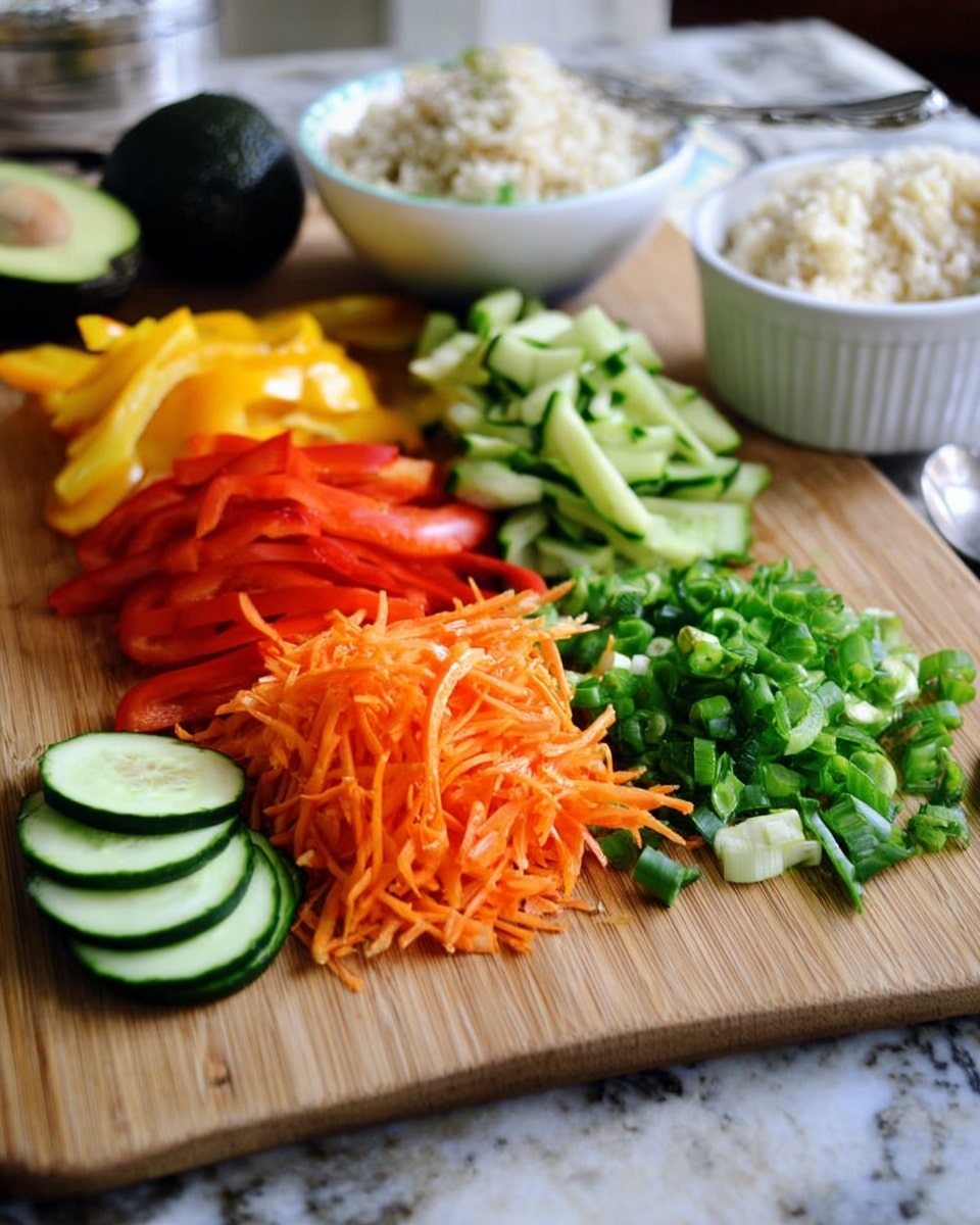 The image shows a wooden board with five main parts arranged from left to right: thin strips of red and yellow bell peppers, a dark green whole avocado behind them, a stack of round cucumber slices with their green skins, a pile of thin orange carrot strips, and chopped green onions with fresh green tops. In the background, a white bowl with rice and a spoon stands on the white marbled surface. photo taken with an iphone --ar 4:5 --v 7