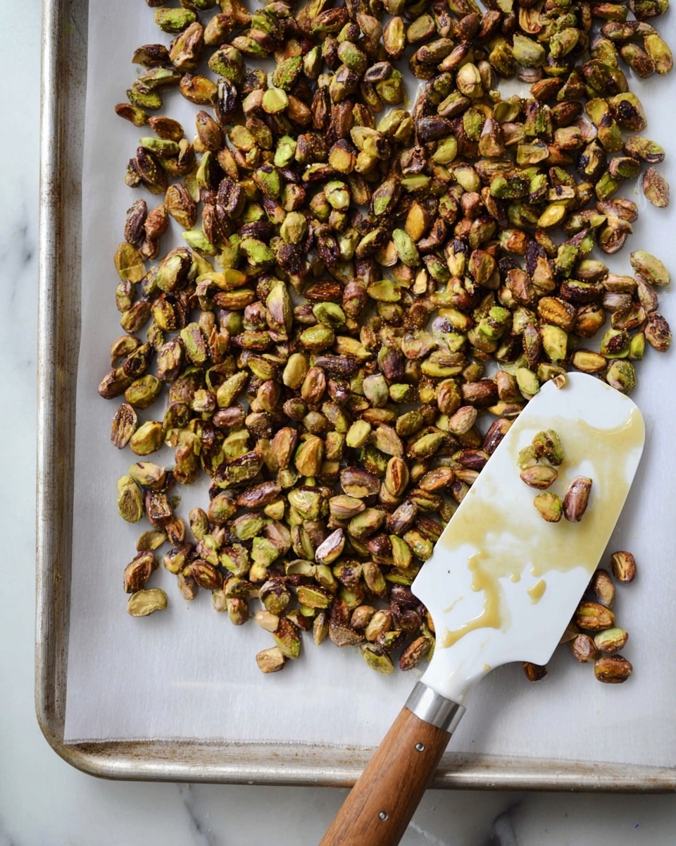 A shiny layer of roasted pistachios with a mix of green and brown colors spread thinly on a white paper-lined metal sheet; a white spatula with a wooden handle rests on the lower right side of the sheet with some sticky residue on it; the background is a white marbled texture photo taken with an iphone --ar 4:5 --v 7