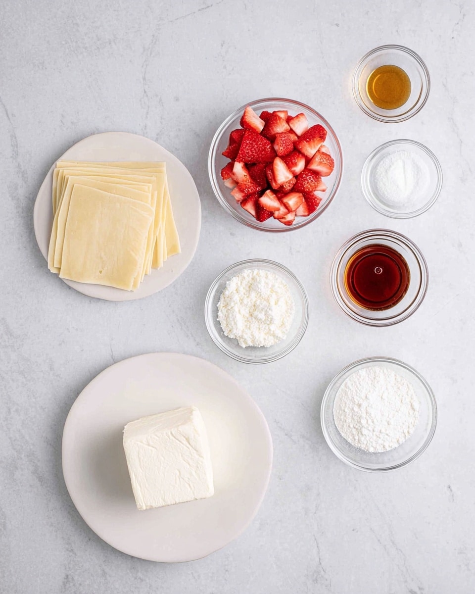 A white plate with a stack of pale yellow pastry sheets placed at the bottom left, next to a smaller white plate holding a thick square of cream cheese with a smooth, soft texture; around these, there are five small clear glass bowls containing various ingredients: diced bright red strawberries in the center, a light brown liquid that looks like vanilla extract at the right, a white powder resembling sugar on the top center, a cloudy white substance that looks like sour cream on the top left, a clear liquid near the bottom left of the strawberries, and a bowl of fine white powdered sugar at the bottom right; all set on a white marbled surface photo taken with an iphone --ar 4:5 --v 7