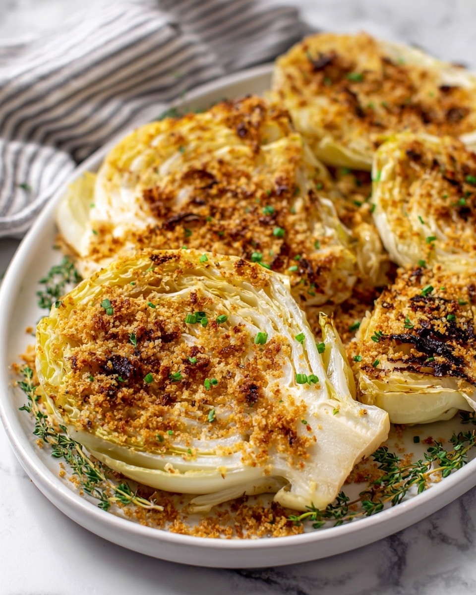 A white plate holds several thick, round wedges of roasted cabbage with caramelized dark brown edges and soft, light yellow interiors. The cabbage wedges are topped with a generous layer of golden brown crispy breadcrumbs and small green chive pieces, scattered evenly. Fresh green thyme sprigs are placed around the cabbage for garnish. The plate rests on a white marbled surface with a soft focus striped cloth in the background. Photo taken with an iphone --ar 4:5 --v 7
