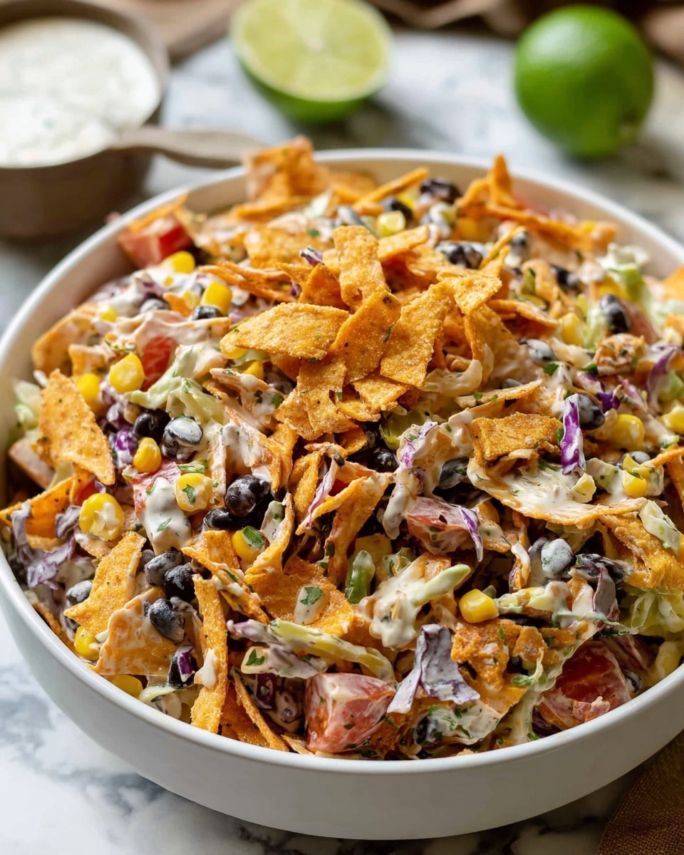 A white bowl is full of a colorful salad with many layers: orange crispy chips scattered on top and mixed inside, black beans, yellow corn kernels, red bits of tomato, shredded white and purple cabbage, and small green pepper pieces. Everything is mixed with a creamy dressing visible coating the ingredients lightly. The bowl sits on a white marbled surface with a halved lime and a small white bowl of dressing nearby. photo taken with an iphone --ar 4:5 --v 7