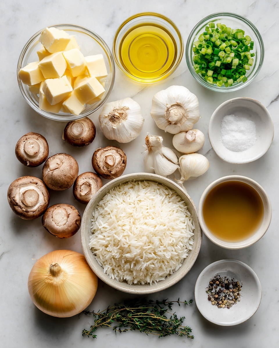 The image shows a white marbled textured surface with various ingredients arranged neatly and labeled for making mushroom rice. There is a small clear bowl with light yellow butter cubes positioned at the top left. Below it, a cluster of small brown cremini mushrooms sits, showing their smooth caps. Next to the mushrooms, two yellow onions are placed, one whole and one cut in half, showing its white inner layers. Near the onions is a cluster of pale garlic cloves. In the center, a round bowl filled with long grain white rice stands out with its bright color and fine texture. Above the rice, a small clear bowl holds golden olive oil. To the top right, a white bowl brimming with chopped green onions shows fine bright green pieces. Below it, two small white dishes contain salt and whole black peppercorns. Near the bottom right, a small bowl with light brown chicken broth has fresh thyme leaves floating, and a fresh sprig of thyme lies beside it. All the items are spaced clearly to show each ingredient separately. photo taken with an iphone --ar 4:5 --v 7
