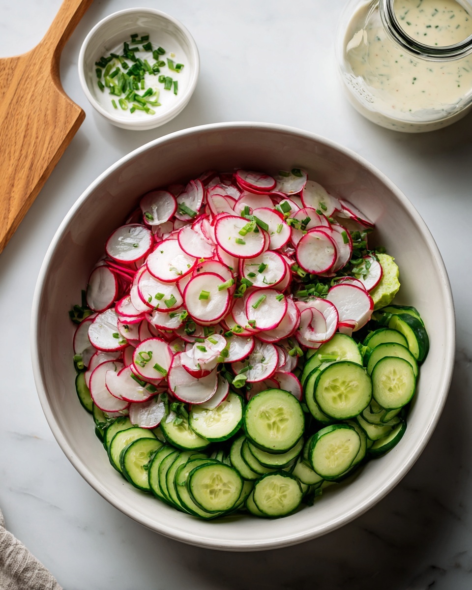 A white bowl filled with two layers of thinly sliced vegetables is placed on a white marbled surface. The bottom layer consists of green cucumber slices arranged in a circle, showing their pale seeds and smooth texture. On top, there is a thicker layer of thin red-edged radish slices with white centers, mixed with small pieces of chopped green onions scattered across. Above and slightly behind the bowl, there is a small white bowl with a creamy white sauce sprinkled lightly with green herbs, and next to it is a white glass jar with a creamy dressing inside. A wooden spatula is partially visible in the upper left corner. photo taken with an iphone --ar 4:5 --v 7