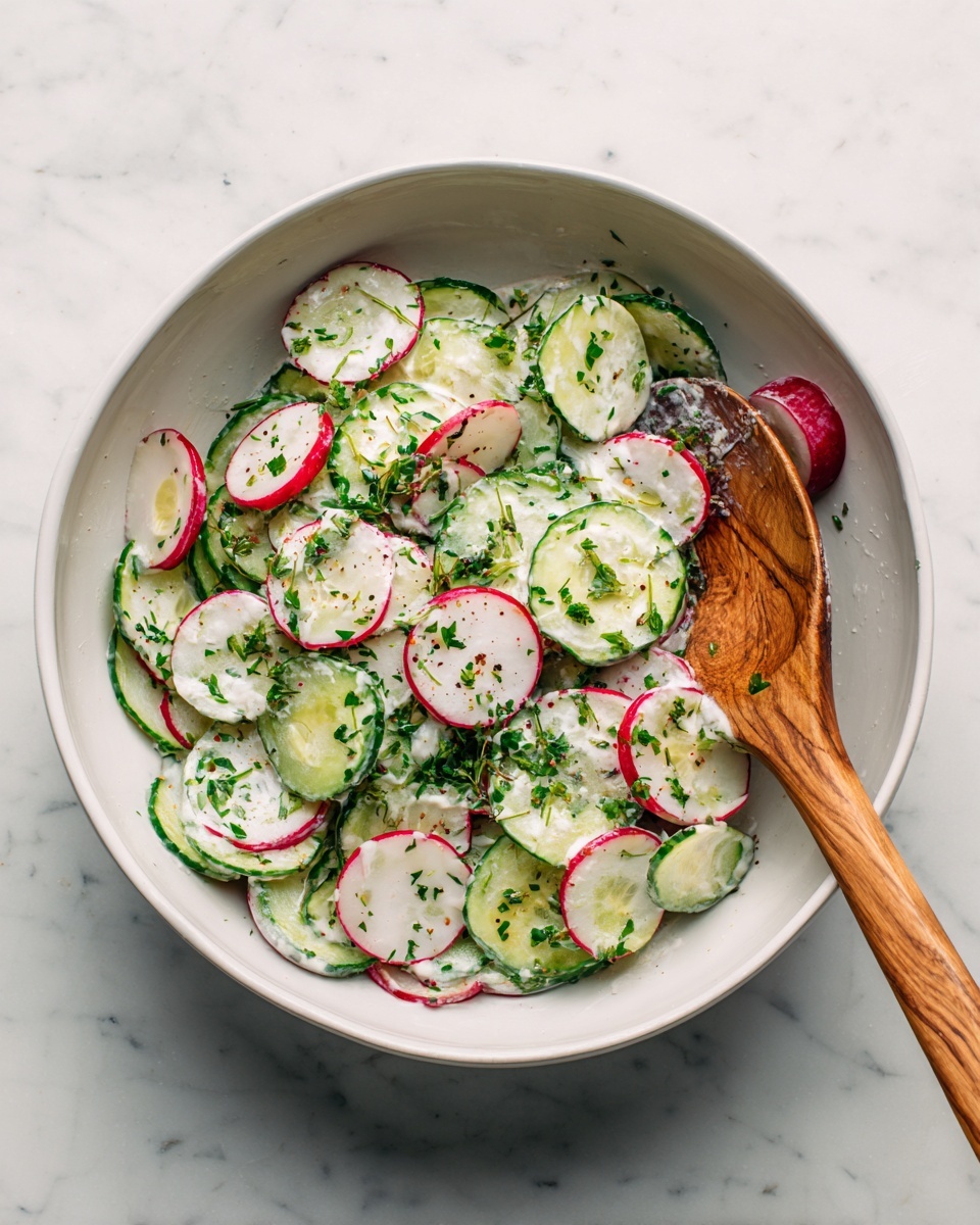 The image shows a white bowl filled with a fresh salad made of thinly sliced cucumbers and radishes. The cucumber slices are light to medium green with dark green edges, while the radish slices are white with bright red edges. The salad is mixed with chopped green herbs scattered on top and drizzled generously with a creamy white dressing that lightly coats the vegetables. A wooden spoon is resting inside the bowl, stirring the salad gently. The bowl is placed on a white marbled surface. photo taken with an iphone --ar 4:5 --v 7