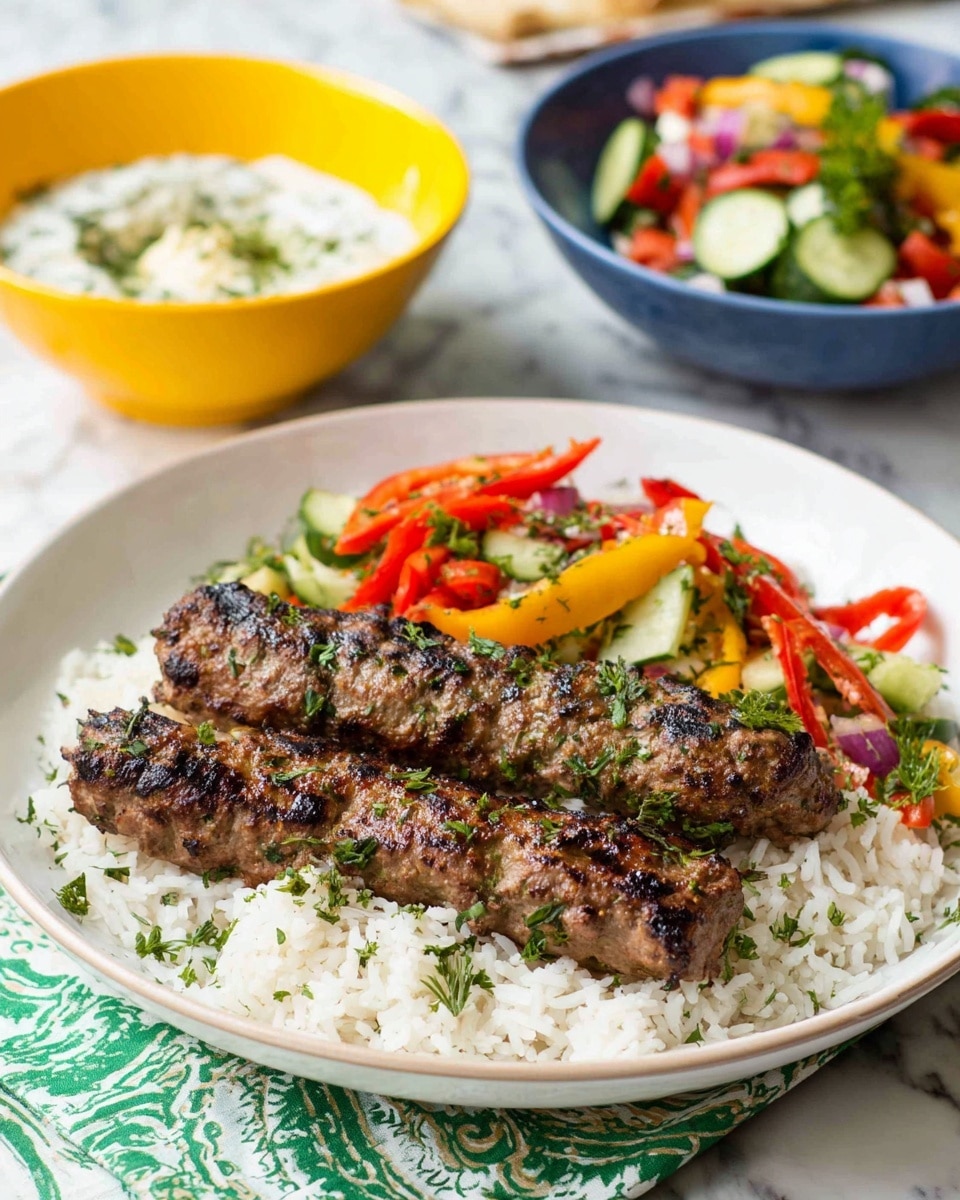 A white round plate with a base layer of light fluffy white rice, topped with two grilled kebabs on wooden skewers placed diagonally. The kebabs are dark brown with visible grill marks and sprinkled with chopped green herbs. Each kebab is partially covered with a creamy white sauce with green herbs mixed in. On the left side of the plate is a colorful mix of diced red tomatoes and green cucumber slices with a light herb dressing. The plate sits on a white marbled surface. In the background, there is a close-up of a blue and white patterned oval bowl filled with a fresh mixed salad of cucumbers, red peppers, and green herbs, and a small white bowl of creamy white sauce with green herbs. A silver salt and pepper shaker sit nearby. photo taken with an iphone --ar 4:5 --v 7