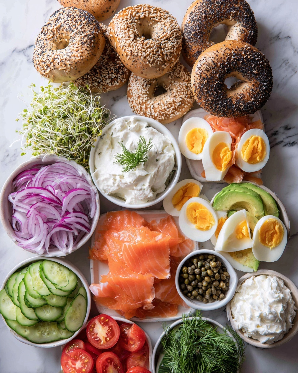 The image shows a food spread on a white marbled surface with six different bagels placed around the edges, some plain, some with sesame seeds, and one with poppy seeds. In the center, there is a white bowl of creamy spread topped with a small dill sprig. Around it, there are layers of sliced red onions, sliced green avocado, thin smoked salmon, halved boiled eggs with bright orange yolks, sliced red tomatoes, sliced fresh cucumbers, cooked salmon filet, fresh dill sprigs, alfalfa sprouts, a small white bowl of capers, and another white bowl with whipped cream cheese. Each food group forms neat, colorful layers arranged close to each other, creating a vibrant and fresh visual. photo taken with an iphone --ar 4:5 --v 7