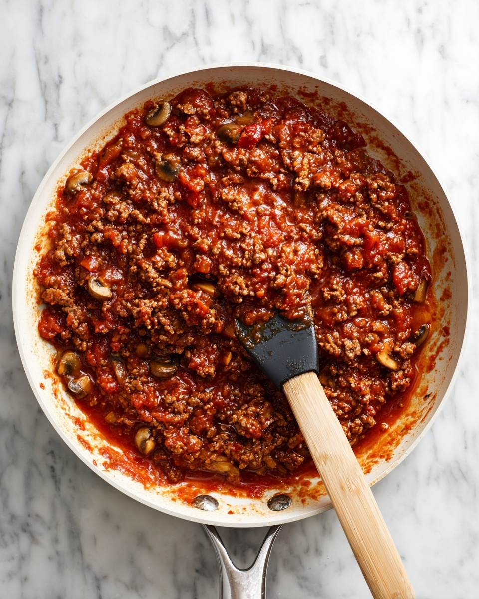 A white pan with a light wood handle holds a rich tomato sauce mixed with browned ground meat, diced onions, and small mushroom pieces. The sauce is thick and chunky with visible bits of ingredients all over, in red, brown, and light tan colors. A black and silver spatula rests in the sauce, appearing to be stirring the mixture. The pan is on a white marbled surface. Photo taken with an iphone --ar 4:5 --v 7