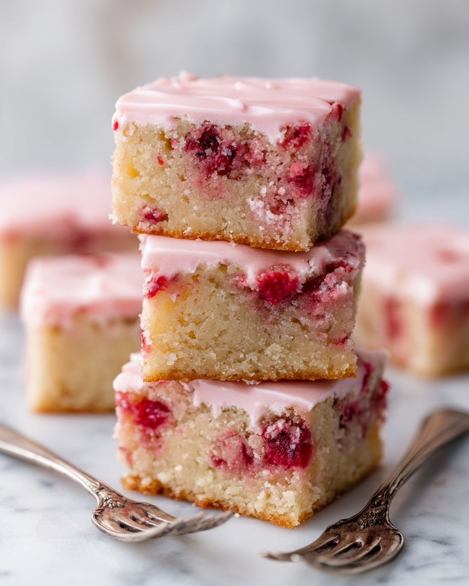 A square piece of baked strawberry cake sits on crinkled white parchment paper over a black wire cooling rack. The cake has a pale golden top with small chunks of red strawberries peeking through its soft, slightly uneven surface. Behind the cake, fresh red strawberries with green leafy tops sit in a rustic container and scattered on a white cloth with small purple flowers. The whole scene is set on a white marbled texture surface. Photo taken with an iphone --ar 4:5 --v 7