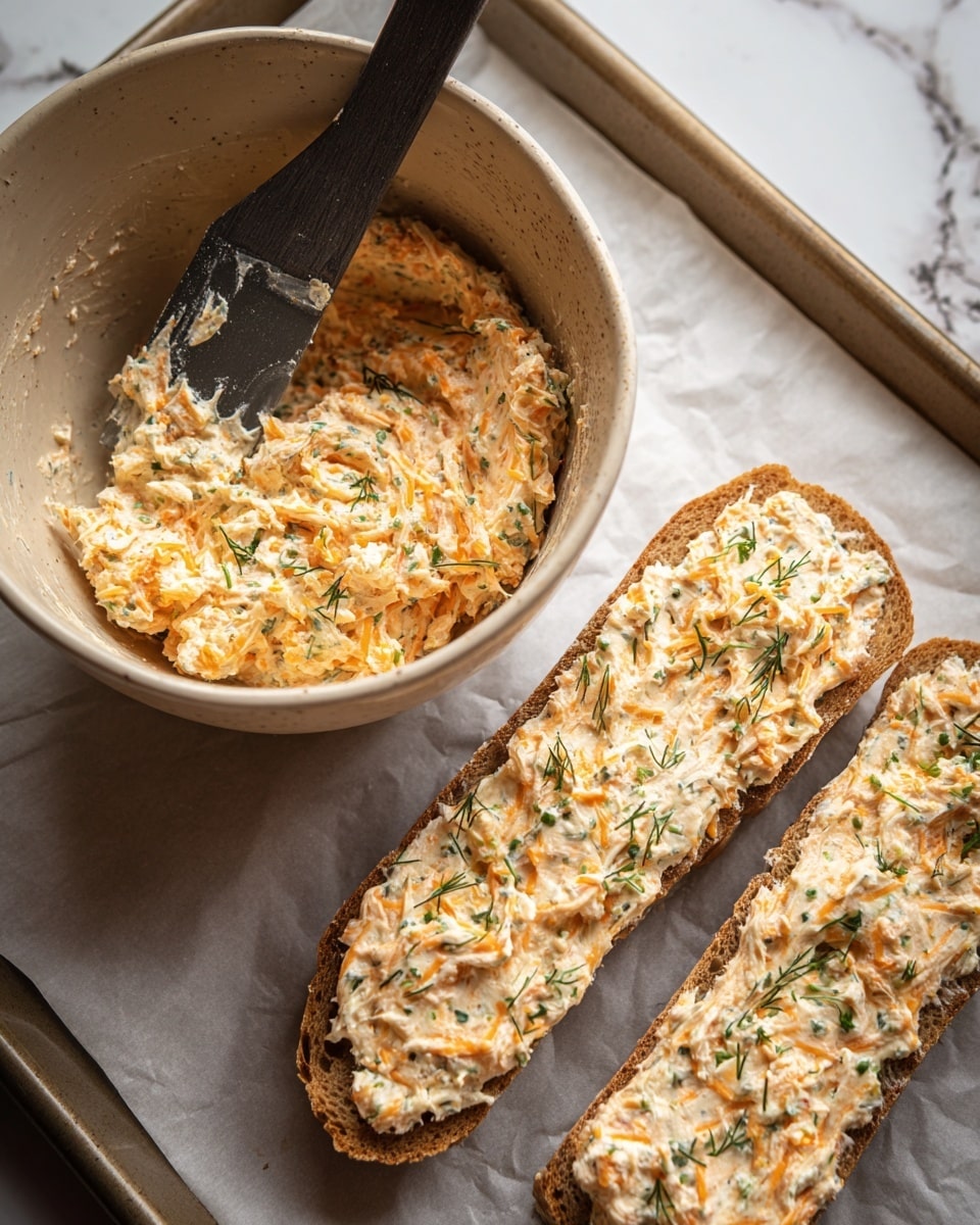 A close-up of four toasted bread pieces topped with melted shredded cheese mixed with green herbs, showing a golden yellow and white cheese layer with specks of chopped green herbs evenly spread on each slice. The edges of the bread are slightly darkened from toasting, giving a crispy texture. The pieces are on a white marbled surface, with fresh parsley leaves scattered around. A woman's hand is holding one piece at the bottom right corner, giving a sense of scale. Photo taken with an iphone --ar 4:5 --v 7