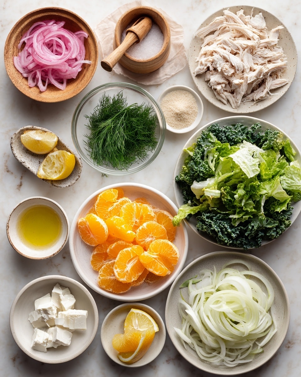 The image shows many small bowls and plates arranged neatly on a white marbled surface, each holding different salad ingredients. In the center right, there is a white plate with thinly sliced white fennel. Below it, a white bowl holds torn green leafy lettuce and dark green kale on the right side. To the right of the fennel, there is a small white bowl filled with shredded light brown chicken. Above that, a small white bowl holds fresh dill with bright green feathery leaves. Above the fennel, another small bowl contains a beige powder spice. To the left of the fennel is a small clear glass bowl with pickled pink onion slices. Above that, a wooden bowl contains two lemon halves and a wooden juicer on top. Near the bottom left is a white plate filled with bright orange peeled mandarin slices. Above that is a small glass container with light golden olive oil. Next to it, a small white bowl holds coarse white salt. Nearby, there is a small dish with two garlic cloves. In the center bottom, a clear bowl shows white cubes of feta cheese. At the bottom left corner, a small white bowl has fresh green herbs. A bowl of white creamy yogurt sits near the middle left. All the dishes are placed on a smooth white marbled counter, giving a clean and fresh look. Photo taken with an iphone --ar 4:5 --v 7