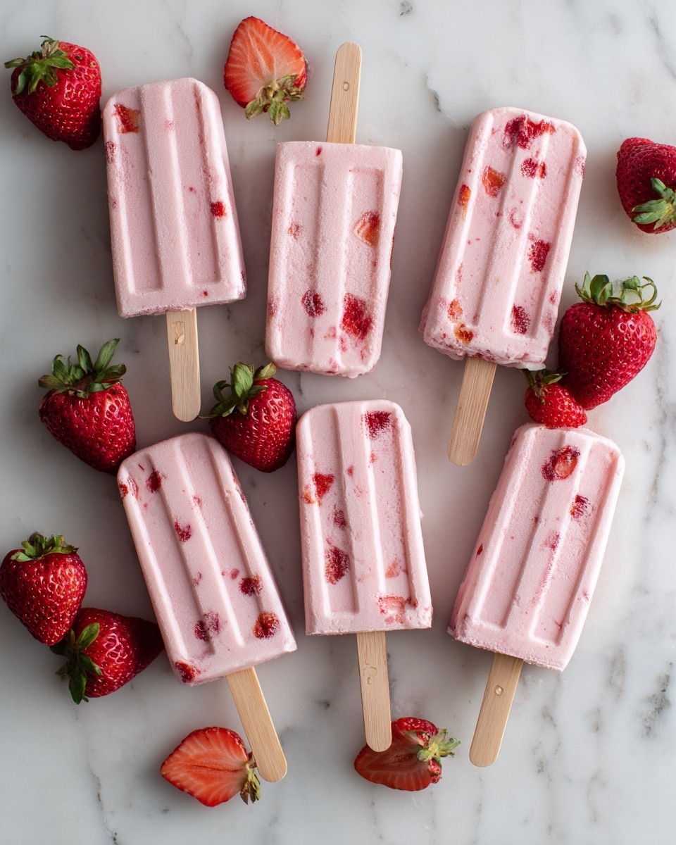 The image shows six pale pink strawberry popsicles laid out on a white marbled surface. Each popsicle has a few visible red strawberry pieces inside, giving a textured look with uneven red spots throughout. The popsicles are rectangular with light wooden sticks at the bottom. Around the popsicles, there are several fresh strawberries, some whole and some cut in half, showing their bright red color and green tops. The overall scene is bright and fresh, highlighting the pink and red colors against the clean white marble. Photo taken with an iphone --ar 4:5 --v 7
