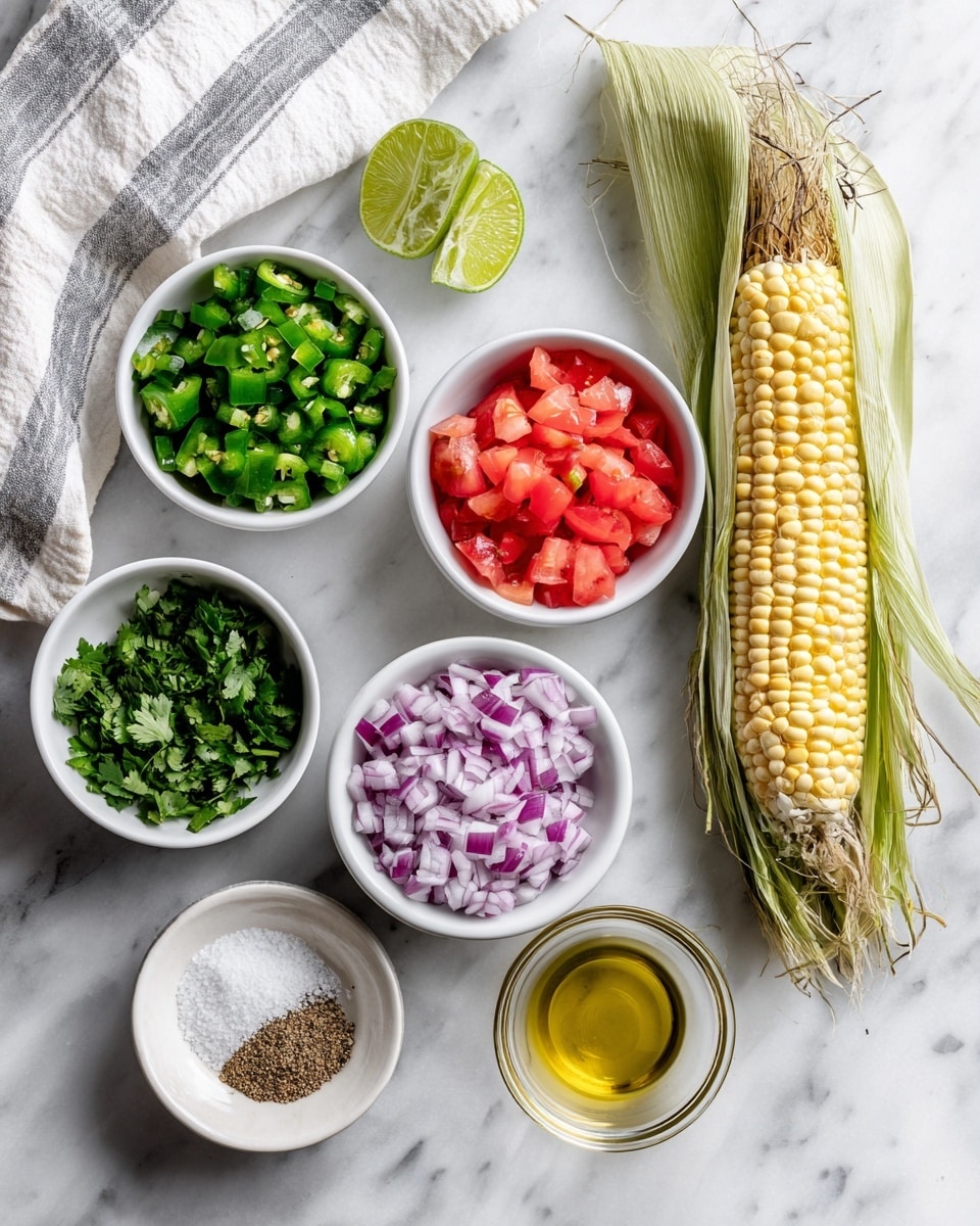 The image shows small white bowls of fresh ingredients arranged on a white marbled surface. From left to right, there is a white bowl with chopped green jalapeno pieces, a white bowl with chopped green cilantro leaves, a white bowl with bright red chopped tomato, a white bowl with finely chopped purple-red onion, and a small clear bowl with minced garlic. Below these, there is half a lime with light green color, a small round dish with coarse salt, black pepper, and brown cumin powder combined, and a white bowl with golden olive oil. At the top right, there is a grilled ear of fresh corn with a yellow and slightly charred surface, partially wrapped in green corn husks. A white linen cloth with gray stripes is placed on the left edge. Photo taken with an iphone --ar 4:5 --v 7