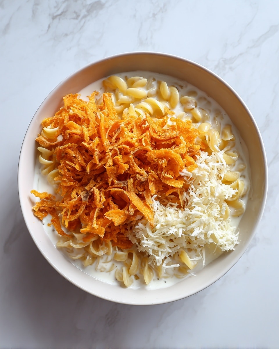 A white bowl filled with short curly pasta in a creamy white sauce forms the bottom layer. On top, there are two piles of shredded ingredients: one pile is bright orange and the other pile is white. The bowl is set on a white marbled surface, and the photo is taken from above. photo taken with an iphone --ar 4:5 --v 7