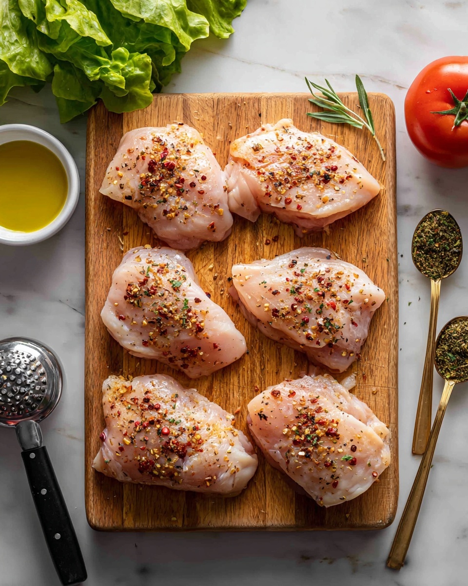 The image shows six raw chicken pieces arranged in two rows of three on a wooden cutting board. Each piece is pale pink with visible seasoning of black pepper and red chili flakes sprinkled on top. Around the board, there are green lettuce leaves at the top left, a small white bowl of olive oil on the left, a metal meat tenderizer with a black handle at the bottom left, a whole red tomato at the top right, and two gold spoons with herb seasoning on the right side. The surface underneath is white marble with subtle veining. photo taken with an iphone --ar 4:5 --v 7