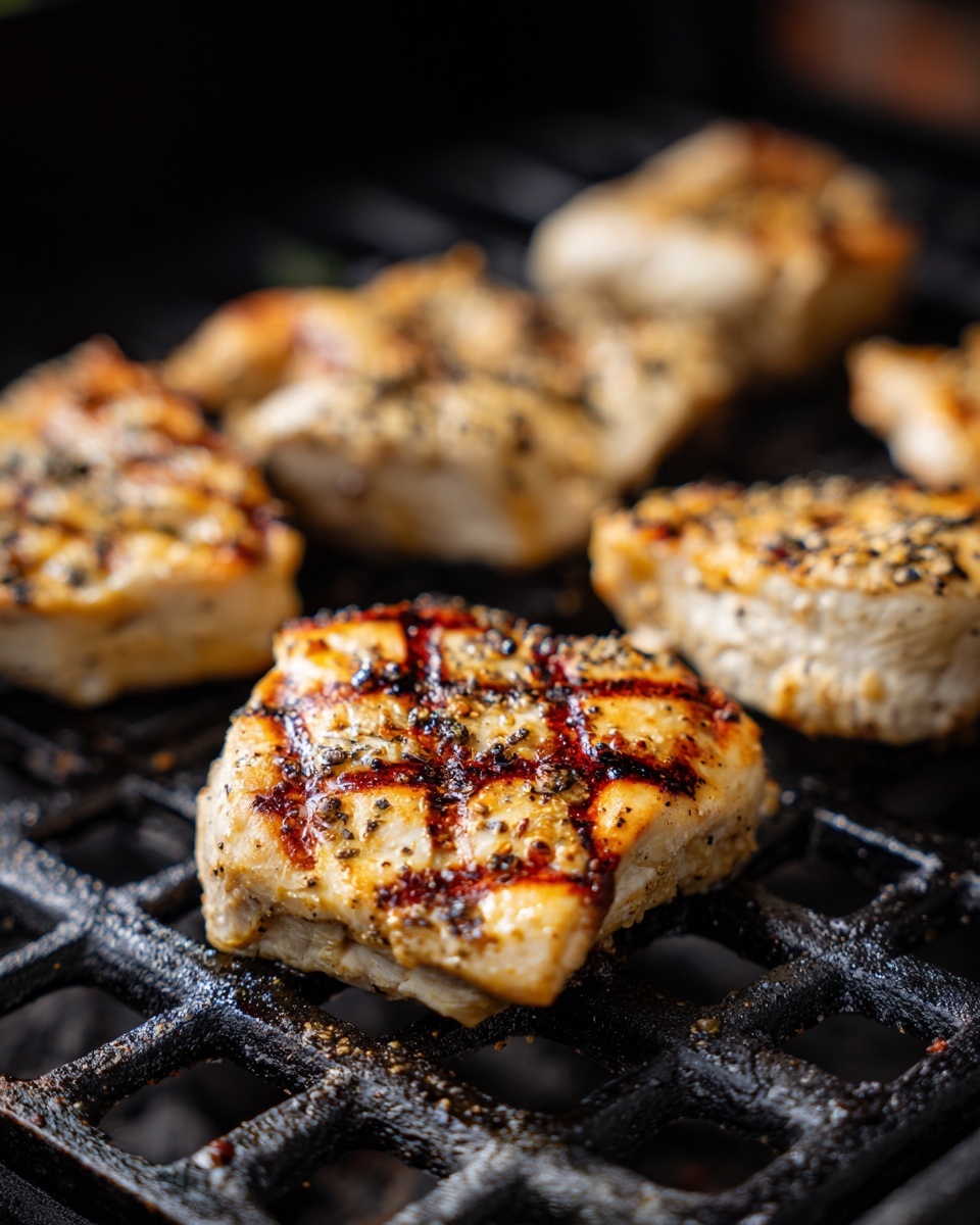 Several pieces of grilled chicken are placed on a black grill grate. The chicken pieces are light golden to pale brown with some darker grill marks that create a grid pattern on the surface. The texture looks slightly rough with some visible seasoning like black pepper on top. The background shows the dark interior of the grill and some charcoal beneath the grate. The overall scene is close up, focusing on the chicken pieces. photo taken with an iphone --ar 4:5 --v 7