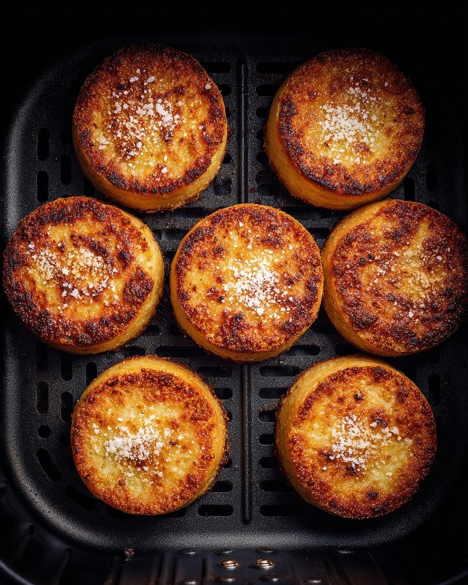The image shows six round, golden brown discs arranged inside a black air fryer basket. Each disc has a slightly crispy texture with a light sprinkle of white powdery seasoning evenly covering the tops. The discs are spaced apart on the black ridged surface of the basket, which has small holes and slots for air flow. The overall look is of a warm, cooked snack with a crunchy outside and a soft center, ready to be served. photo taken with an iphone --ar 4:5 --v 7