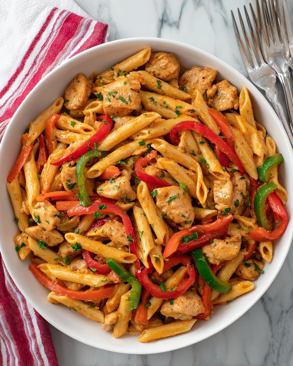 The image shows a large white bowl filled with cooked penne pasta mixed with chunks of cooked chicken and sliced bell peppers in red and green. The pasta has a light orange sauce coating and is sprinkled with chopped green herbs. The bell peppers are cut into long thin slices, adding bright red and green colors to the dish. The chicken pieces are small and brown, scattered evenly throughout the pasta. The bowl sits on a white marbled surface with a red and white striped cloth partially visible to the left and two silver forks on the right. Photo taken with an iphone --ar 4:5 --v 7