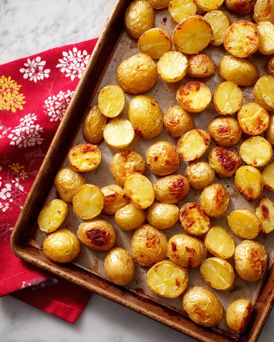 The image shows a baking tray filled with small, halved potatoes. The potatoes have a light golden-brown skin and a soft yellow inside. Some halves have a slightly browned, crispy surface, indicating they are roasted. The potatoes are spread evenly on the tray, which sits on a white marbled surface. To the top left of the tray, there is a red cloth with white and yellow floral patterns. The overall look is simple and rustic, focusing on the roasted potatoes. photo taken with an iphone --ar 4:5 --v 7