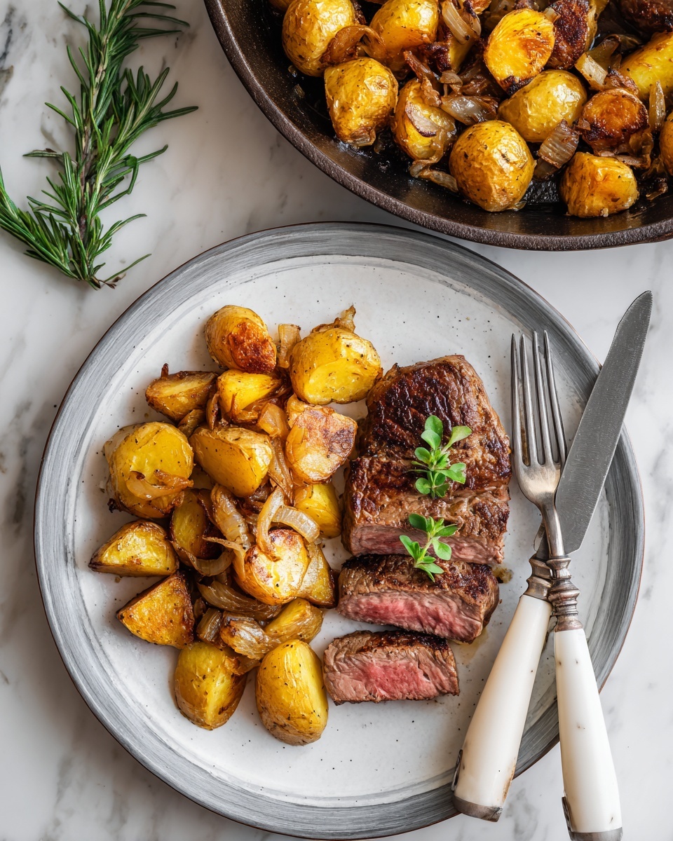 A white plate with a gray rim shows two main layers: on the left, there are golden roasted potato chunks with a slightly crispy browned surface and pieces of browned onion mixed in; on the right, there are juicy slices of medium-cooked steak with a brown crust and red inside, garnished with a small green sprig of herbs. A silver fork and knife with white handles rest on the right side of the plate. In the background, there is an iron skillet filled with more of the steak and potatoes, all set on a white marbled surface with a sprig of green rosemary nearby. Photo taken with an iphone --ar 4:5 --v 7