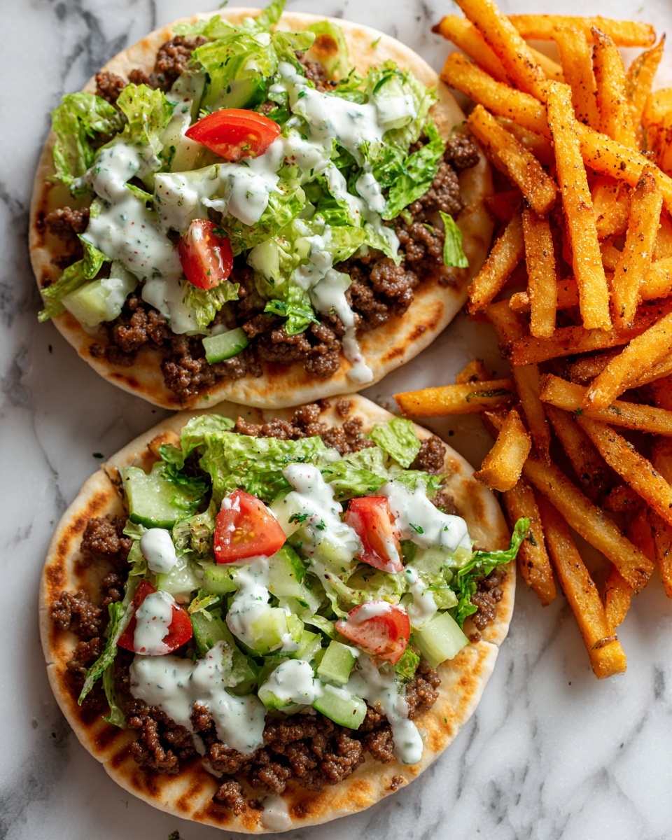 Three flat round pita breads are placed on a wooden serving tray over a white marbled surface. Each pita has a bottom layer of light golden brown toast, topped with a generous layer of cooked ground beef in a dark brown color with a crumbly texture. On top of the beef, there is a dollop of white creamy sauce with visible finely chopped green herbs mixed inside. Small chunks of green cucumber, red tomato, and green leafy lettuce pieces sit on the sauce. Surrounding the pitas, crispy orange fries are scattered unevenly over the tray, adding a crunchy texture contrast to the soft pita and toppings. In the top right corner, there is a white bowl with similar creamy herb sauce, with a wooden spatula resting on its edge. Photo taken with an iphone --ar 4:5 --v 7