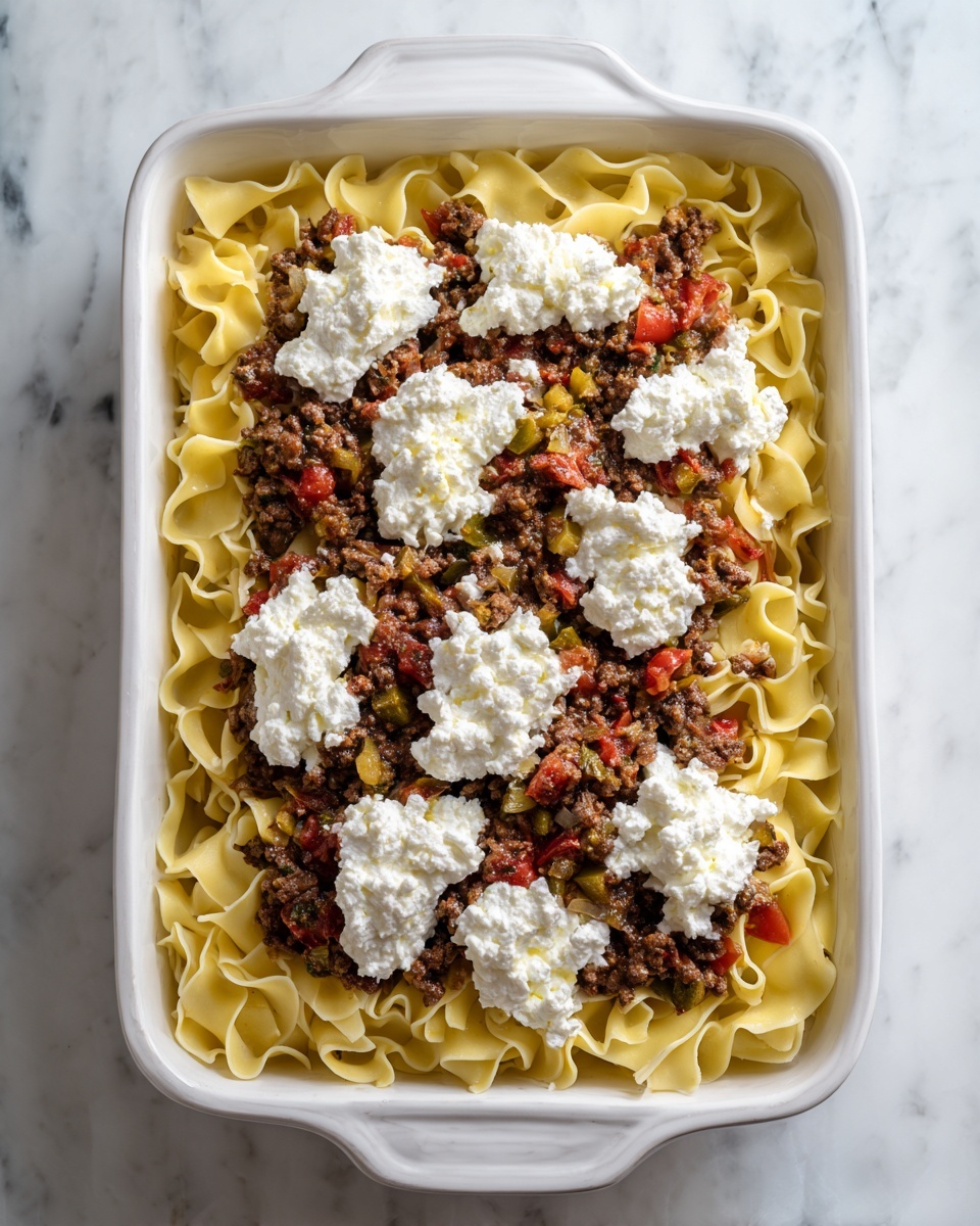 A close-up shows a bowl filled with several layers of food: a base of wide, curly pasta noodles with a pale yellow color, scattered with browned, crumbled meat mixed with diced green and red bell peppers and tomatoes, topped with melted cheese that is golden brown in spots and some white creamy cheese pieces. Fresh chopped green herbs are sprinkled over everything. There is a silver spoon inside the bowl. In the background, another bowl with the same dish and a white baking dish filled with more of the layered pasta and meat mixture are visible, all placed on a white marbled surface. The photo taken with an iphone --ar 4:5 --v 7