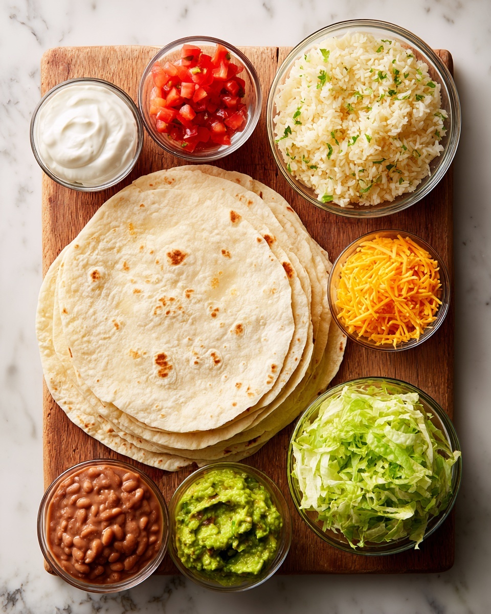 A wooden board holds a stack of six white tortillas with a soft texture in the center of a white marbled surface. Surrounding the board are six clear glass bowls arranged loosely: a bowl of cooked rice mixed with herbs sits at the top right, below it is shredded bright orange cheddar cheese, and to the right and below the cheese bowl is a bowl of smooth brown refried beans. On the left side of the beans is a bowl of white sour cream, above that is a bowl of chopped red tomatoes, and below the tomato bowl is mashed green guacamole with small tomato pieces. At the very bottom right, there is a bowl of shredded pale green lettuce. All bowls show bright, fresh colors and clear textures of the ingredients next to the soft tortillas photo taken with an iphone --ar 4:5 --v 7