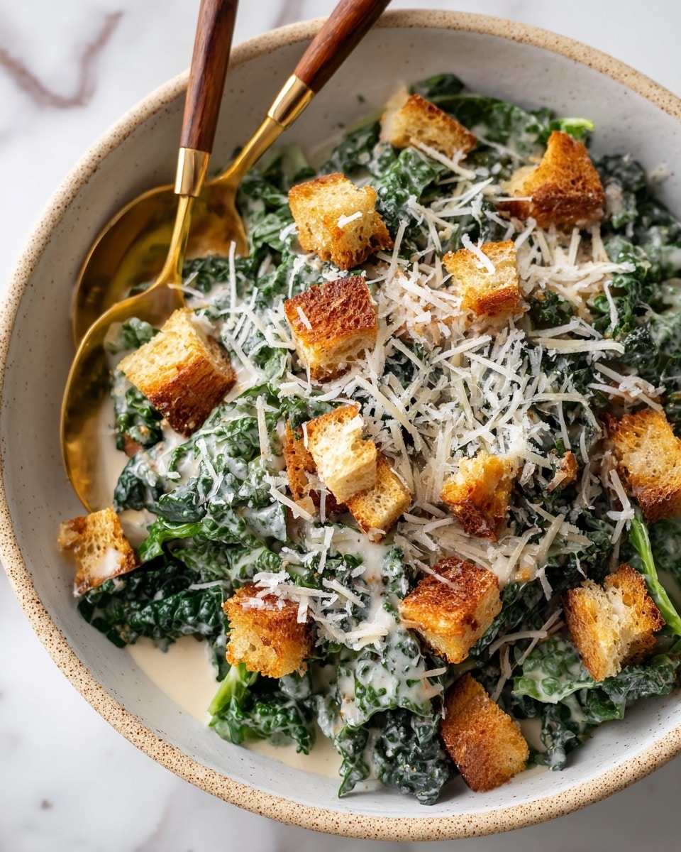 A close-up image of a salad in a white bowl with a speckled beige edge, placed on a white marbled surface. The salad has a base layer of dark green kale leaves, evenly coated with a creamy light sauce. Scattered on top are golden brown croutons, roughly cut and toasted, adding a crunchy texture. The salad is finished with a generous layer of finely shredded white cheese spread across the top, giving a contrast of colors with the green and gold. Two spoons with gold handles and wooden grips rest in the bowl, partially covered by the salad. photo taken with an iphone --ar 4:5 --v 7