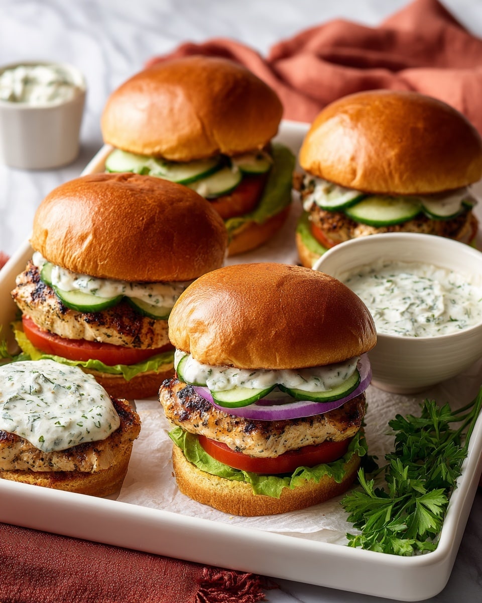 The image shows four chicken burgers on a white tray lined with white paper, placed on a white marbled surface. Each burger has a shiny golden brown bun on top or to the side. The lower part of the bun has a green lettuce leaf, a slice of red tomato, a grilled chicken patty with a slightly charred texture, and layered slices of purple onion and light green cucumber on one burger. A dollop of creamy white sauce with green herbs sits on top of each chicken patty, with one half bun spread with this sauce next to the burgers. To the right of the tray, there is a white bowl filled with the same sauce and a sprig of fresh parsley nearby. A rust-colored cloth is placed near the bowl. Photo taken with an iphone --ar 4:5 --v 7