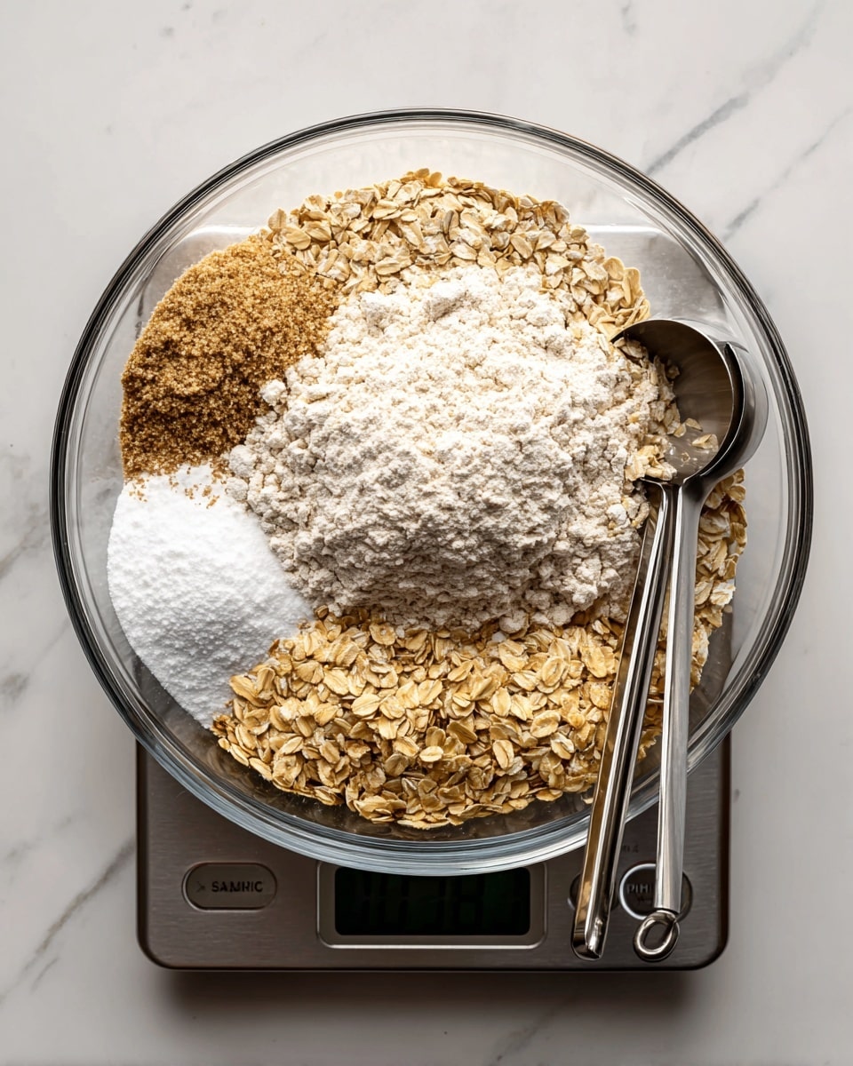 A clear glass bowl sits on a white marbled surface, holding dry ingredients layered neatly without mixing. The smallest layer is a fine white powder on the bottom left, next to a rough brown powder. Above them is a large pile of light beige flour mixed with oat flakes spread evenly in the center. To the right of the flour, there's a pile of golden rolled oats and below it, bran flakes fill the right bottom part of the bowl. The bowl is placed on a digital scale, showing the weight through the glass. Two metal measuring spoons lie inside the bowl on the right side. photo taken with an iphone --ar 4:5 --v 7
