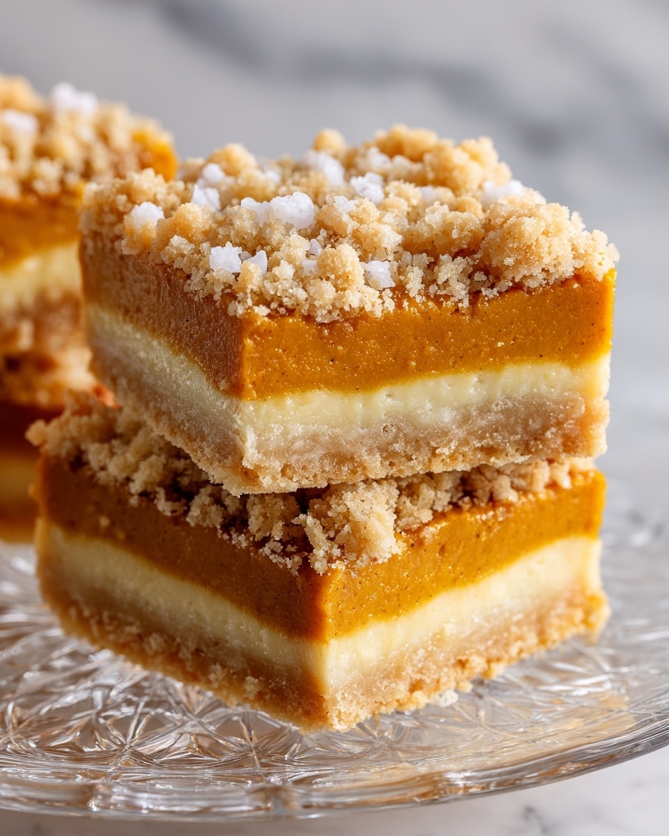 A close-up of a square dessert bar with three distinct layers on a clear glass plate showing intricate patterns; the bottom layer is a light, crumbly crust with a slightly golden color, the middle layer is a thick, smooth pumpkin filling in a warm orange shade, and the top layer consists of a crumbly topping in light tan shades with small white sugar crystals scattered on it; the background is a white marbled texture, photo taken with an iphone --ar 4:5 --v 7