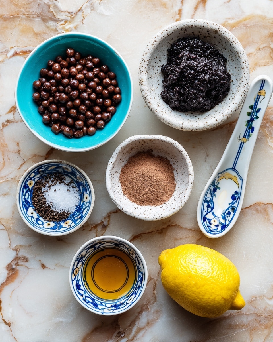 The image shows six items arranged on a rustic surface. On the top left is a white bowl with a bright turquoise inside, filled with shiny, dark brown chickpeas. To its right is a white speckled bowl holding a coarse black paste. Below, on the left, is a small white bowl with blue patterns inside containing a dark black paste. Next to it is another small patterned white bowl with light brown powder and white salt side by side. On the right of these bowls is a bright yellow lemon, and next to it is a white spoon with blue patterns filled with golden honey. The surface beneath everything is replaced with a white marbled texture. Photo taken with an iphone --ar 4:5 --v 7