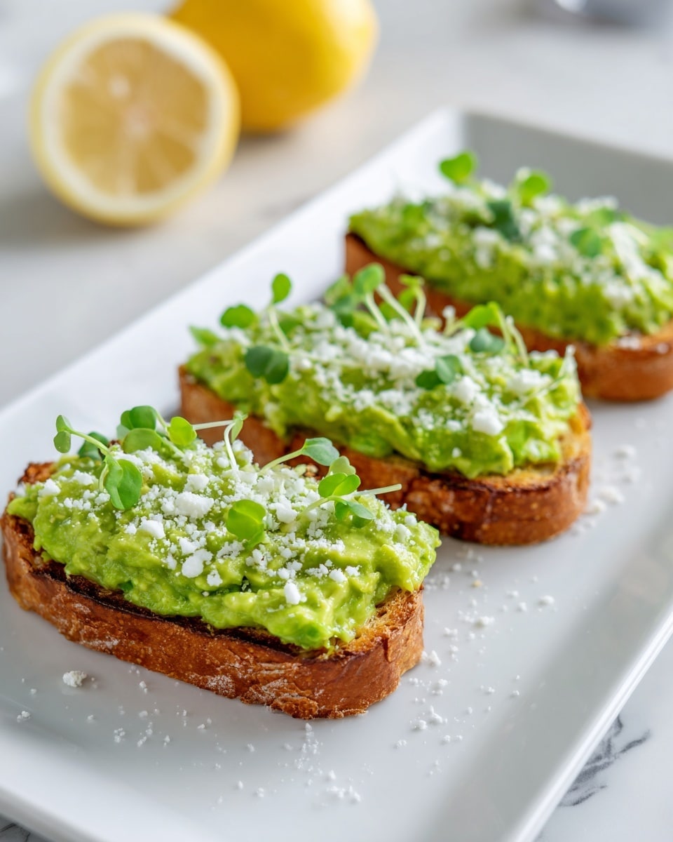 Three slices of toasted bread are placed in a row on a white rectangular plate. Each slice is topped with a thick layer of bright green mashed avocado spread evenly. On top of the avocado, there is a light sprinkling of white crumbled cheese or salt, adding a fine texture. Small green leaves, possibly pea shoots or microgreens, are placed on each toast slice, adding a fresh touch and height. In the background, a half lemon can be seen resting on the white marbled surface. The scene is clean, bright, and fresh. Photo taken with an iphone --ar 4:5 --v 7