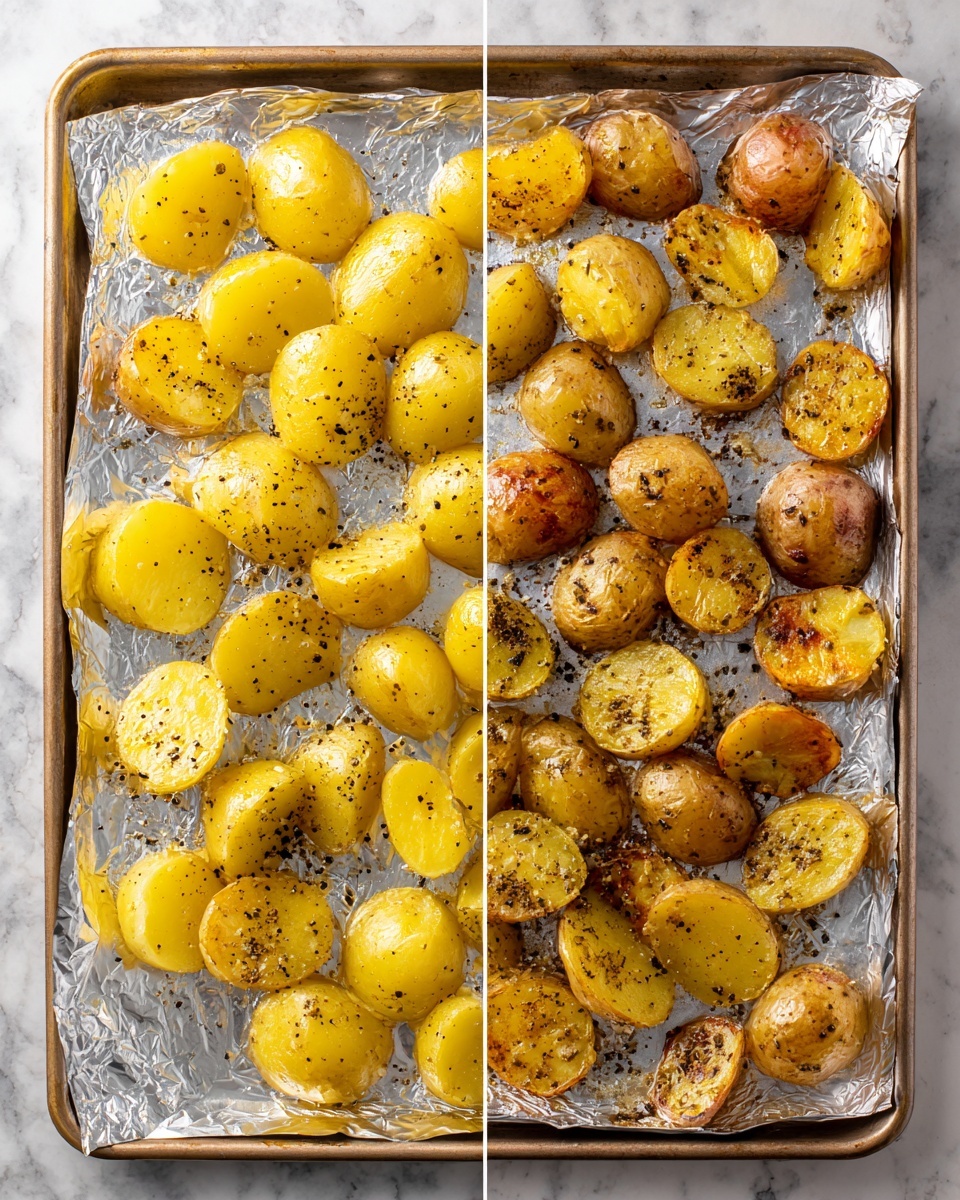 Two side-by-side images show pieces of golden yellow potatoes on a baking sheet lined with shiny crinkled foil. The left image has raw potato pieces, cut into halves or quarters with visible smooth surfaces, sprinkled with coarse black pepper and oil, arranged loosely on the sheet. The right image has the same potato pieces after roasting, with a crispy, browned texture on the outside, showing spots of dark golden and light brown, with some black pepper still visible. Both sheets rest on a white marbled surface. photo taken with an iphone --ar 4:5 --v 7