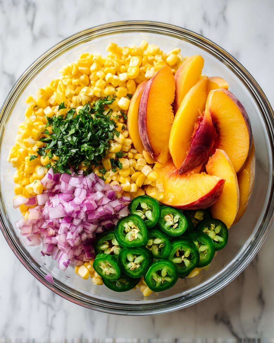 A clear glass bowl sits on a white marbled surface, filled with layers of fresh ingredients. The bottom layer is bright yellow corn kernels, topped with a pile of thinly sliced orange peaches on the right and top side. To the left of the peaches is a small mound of finely chopped green herbs. Below the herbs, there is a layer of finely chopped red onions, and to the right of that, neatly arranged rings of green jalapeno peppers. The colors contrast vividly with the clear glass bowl and white marbled background, giving a fresh and vibrant look. Photo taken with an iphone --ar 4:5 --v 7