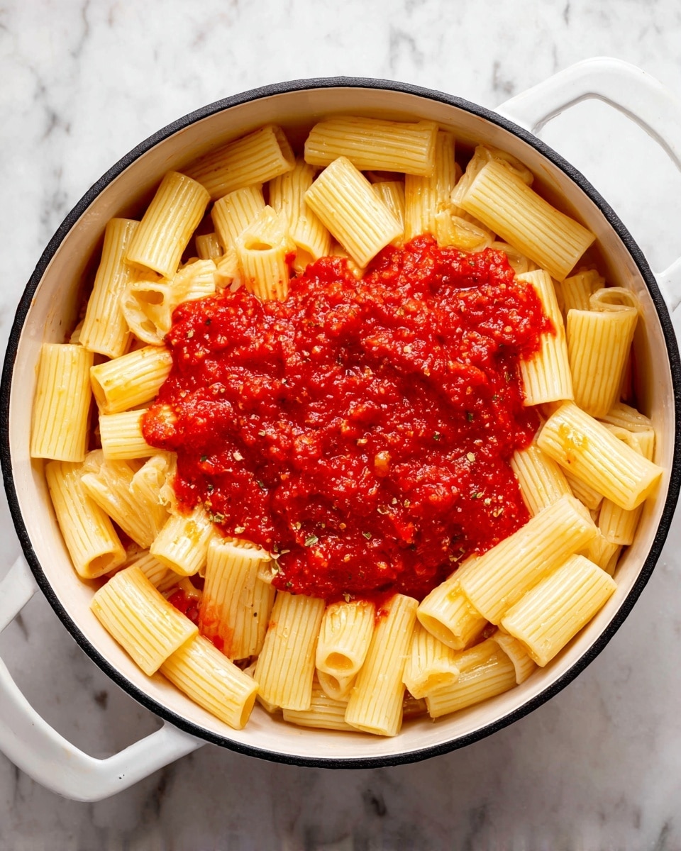 Inside a white pot with black edges, there is one base layer of light beige rigatoni pasta, arranged loosely and filling the pot bottom. On top, a thick, bright red tomato sauce covers part of the pasta, with a chunky texture showing bits of herbs and tomato pieces. The pot is placed on a white marbled texture surface. photo taken with an iphone --ar 4:5 --v 7