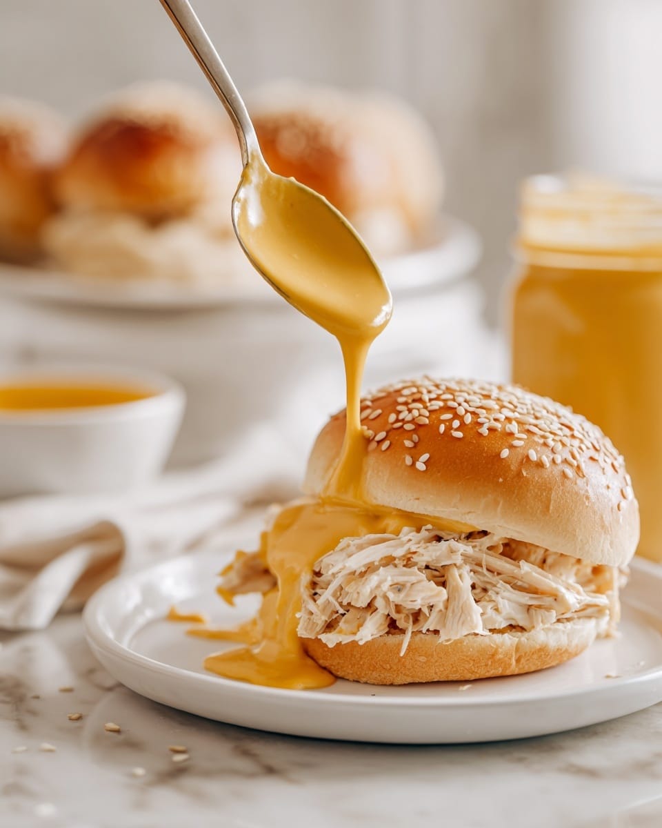 A close-up view of a small glass jar filled with thick, yellow mustard sauce that drips slightly down the sides. Inside the jar, a dark metal spoon is placed, with the spoon handle extending upwards and out of the jar. In the background, there are blurry white plates holding sandwiches with golden brown buns and mustard spread visible inside. All items are placed on a white marbled surface. photo taken with an iphone --ar 4:5 --v 7