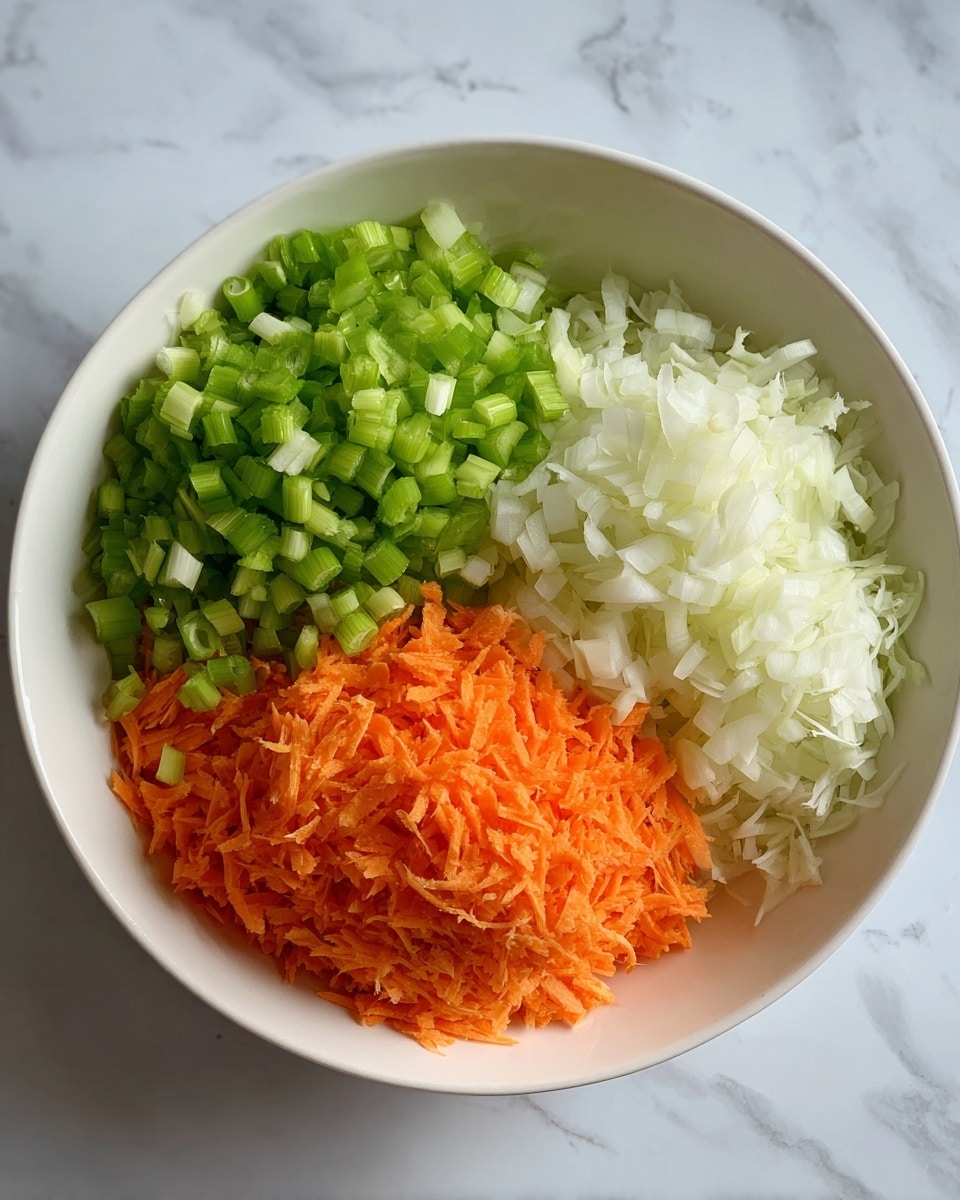 A white bowl holds three layers of chopped and shredded vegetables arranged separately inside: bright orange shredded carrots on the right, small chopped green celery pieces on the top, and finely shredded white onions on the left. The bowl sits on a white marbled surface, showing clear texture around it. Photo taken with an iphone --ar 4:5 --v 7