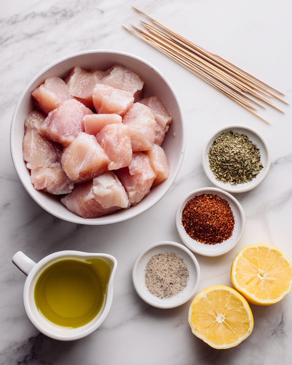 The image shows a white bowl filled with raw pale pink chicken pieces placed on a white marbled surface. To the right, there is a smaller white bowl with five different spices separated into small piles: dried green herbs, light brown powder, reddish-brown spice, coarse salt, and black pepper. Above the bowls, there are light wooden skewers lying horizontally. Below the spice bowl, there is a white measuring cup filled with a light green liquid, likely oil. On the bottom right corner, there are three lemon halves showing their bright yellow pulp. The entire setup is clean and neatly arranged. photo taken with an iphone --ar 4:5 --v 7